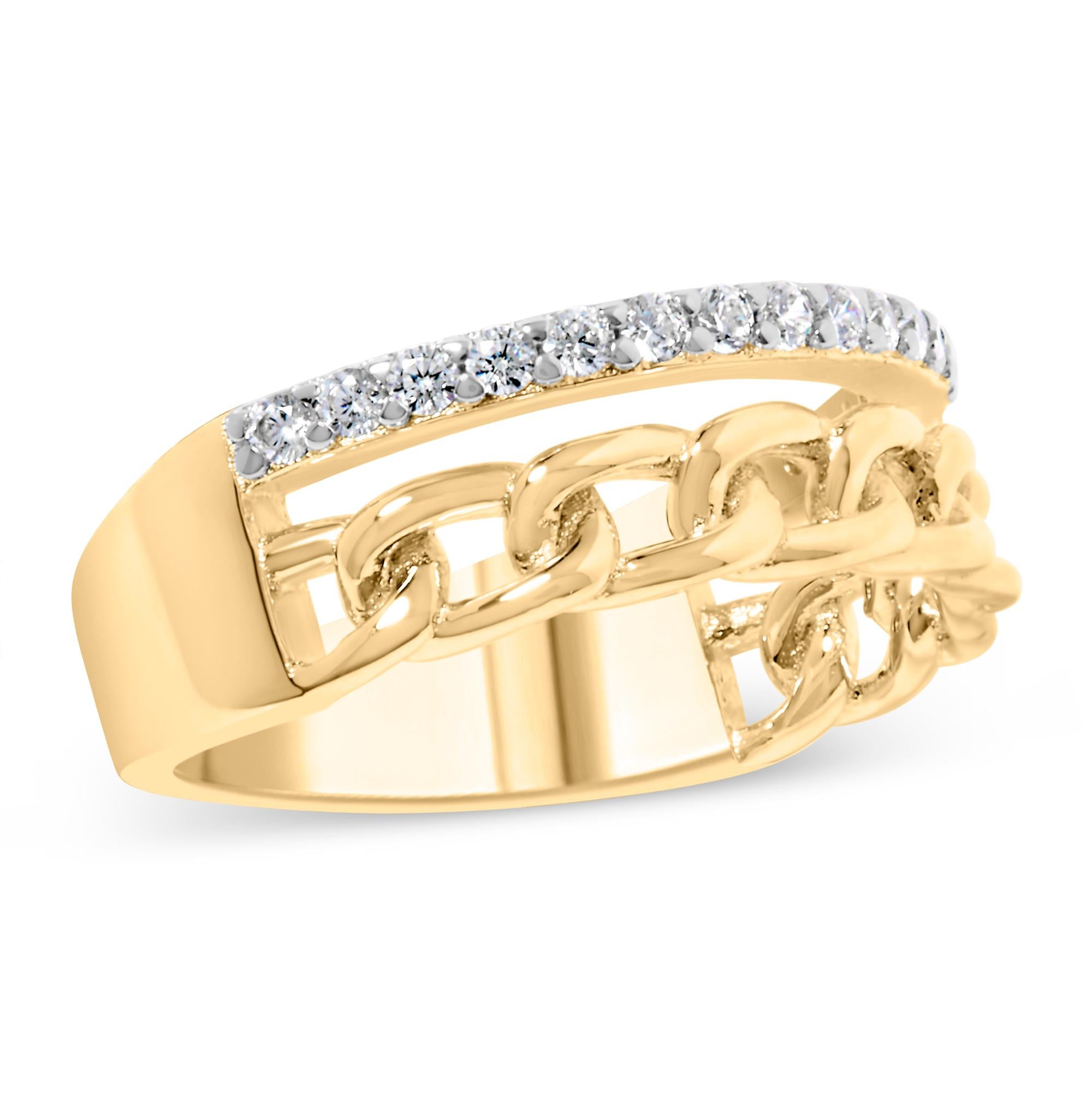 Round Cut 10K Yellow Gold 1/5 Cttw Diamond Cuban Link Ring Band For Sale