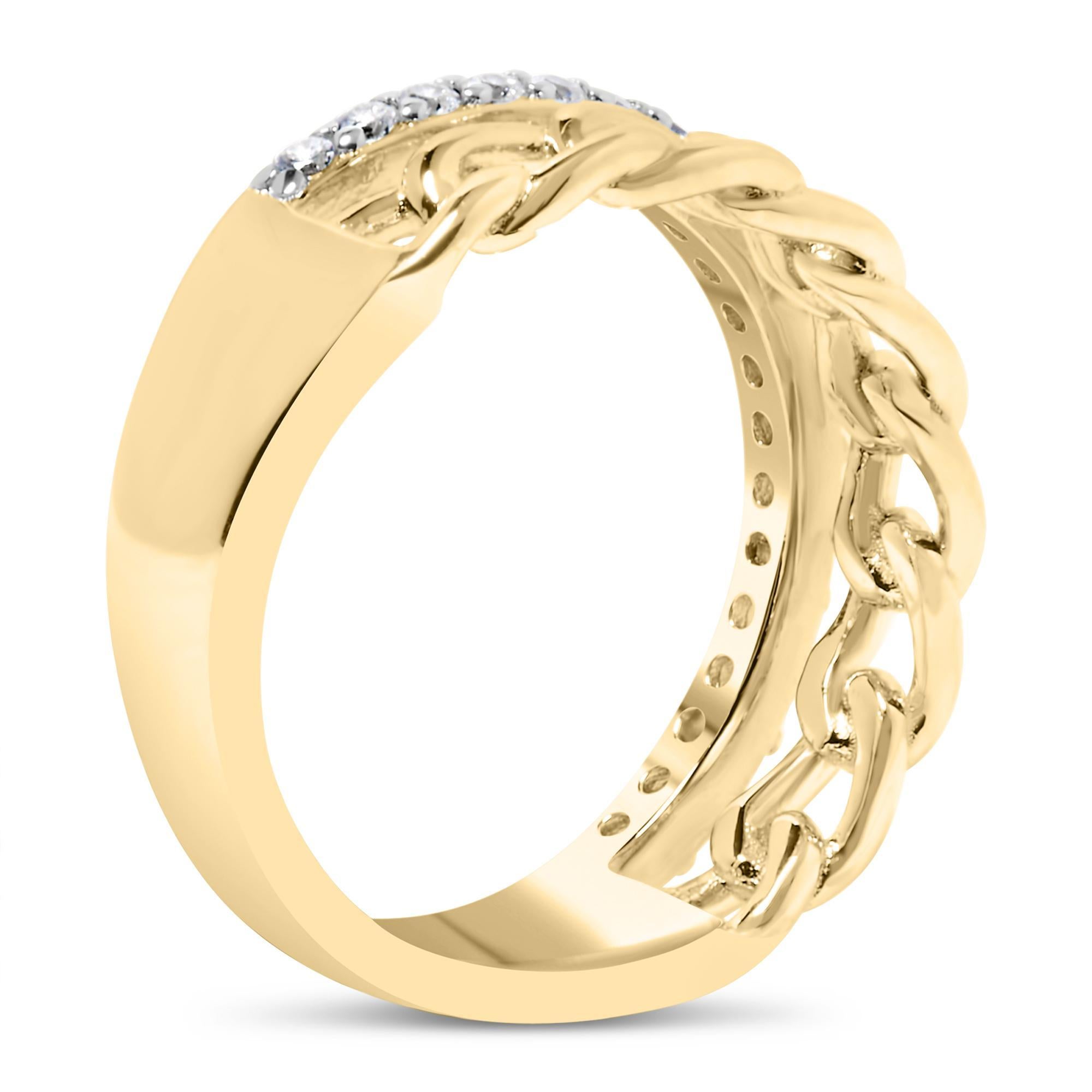 Round Cut 10K Yellow Gold 1/5 Cttw Diamond Cuban Link Ring Band For Sale