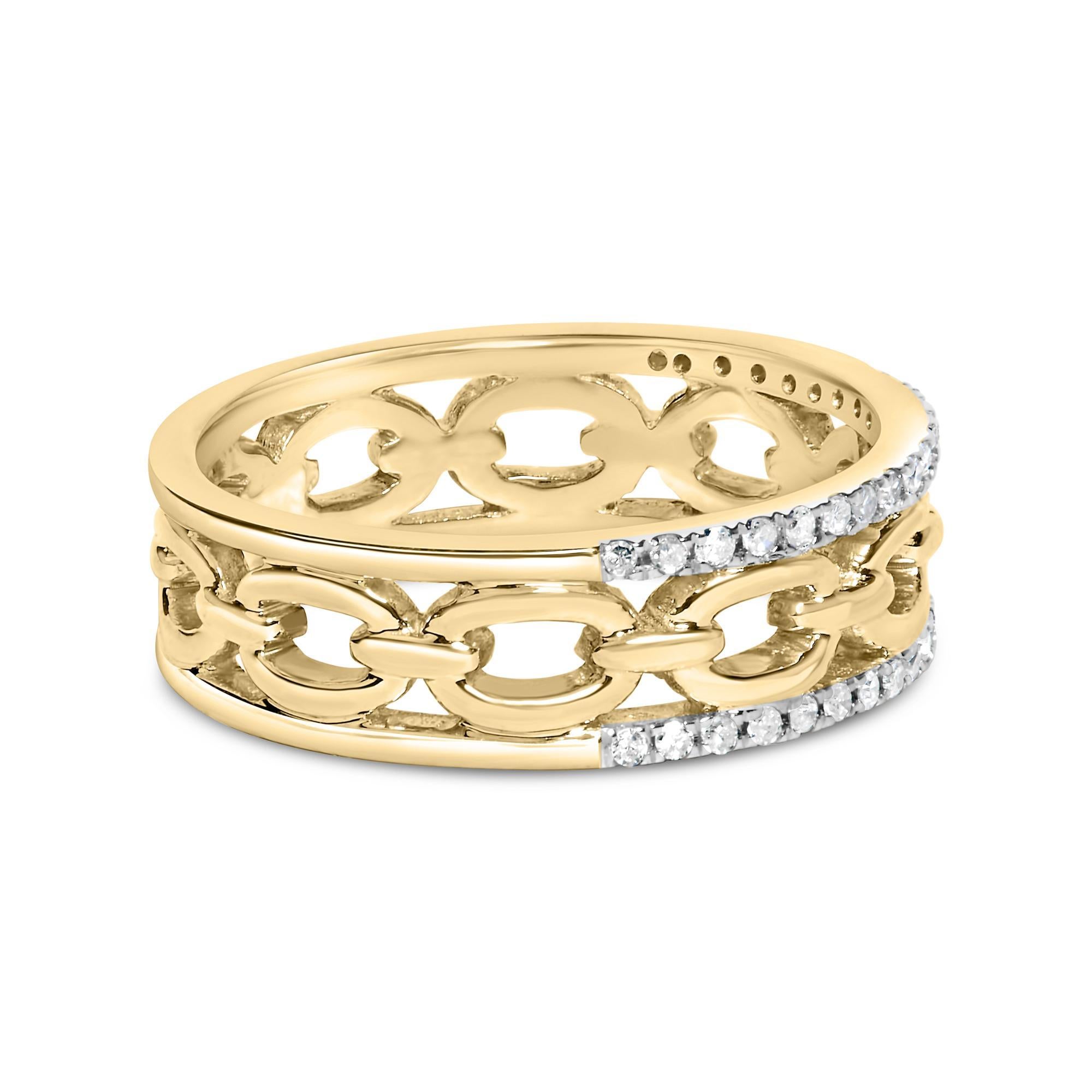 Modern 10K Yellow Gold 1/5 Cttw Diamond Two Row Cuban Link Ring For Sale