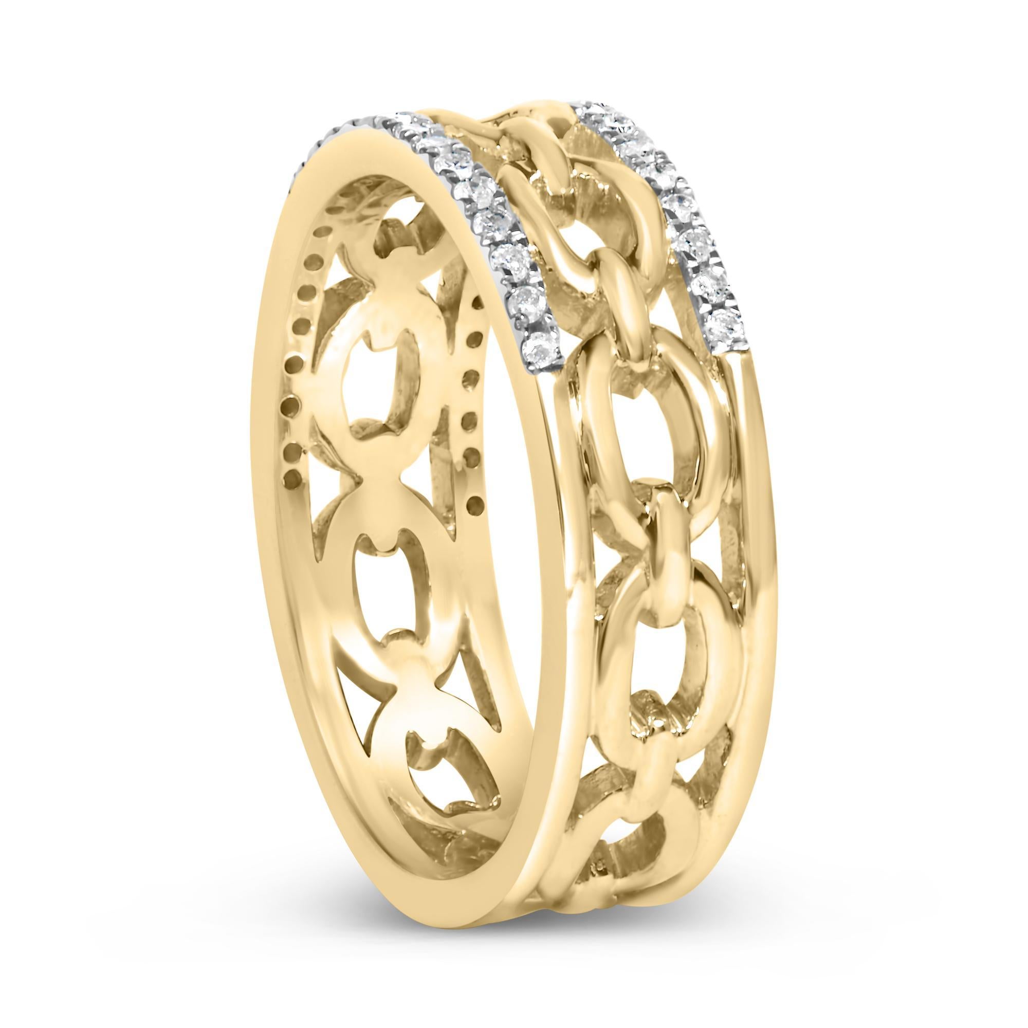 Round Cut 10K Yellow Gold 1/5 Cttw Diamond Two Row Cuban Link Ring For Sale