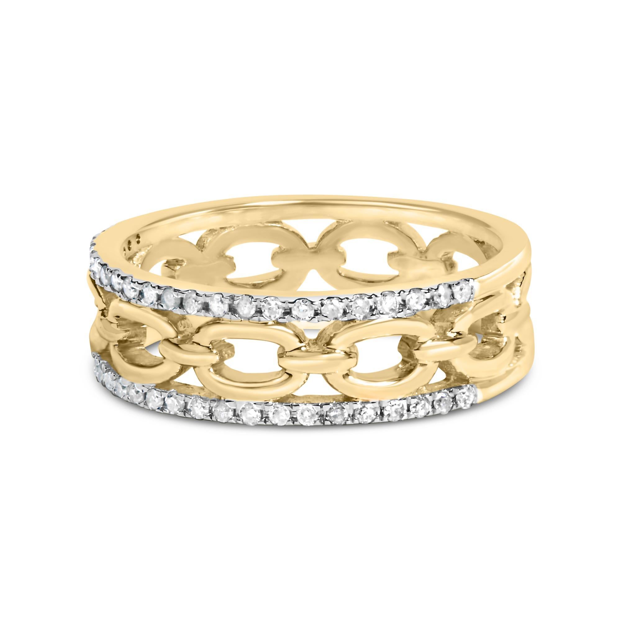 Dieser exquisite Ring aus 10 Karat Gelbgold ist mit einer bezaubernden Doppelreihe von Diamanten in Zackenfassung verziert und bietet einen Hauch von Raffinesse. Dieses Stück funkelt nicht nur mit einem Gesamtgewicht von 1/5 Karat natürlicher