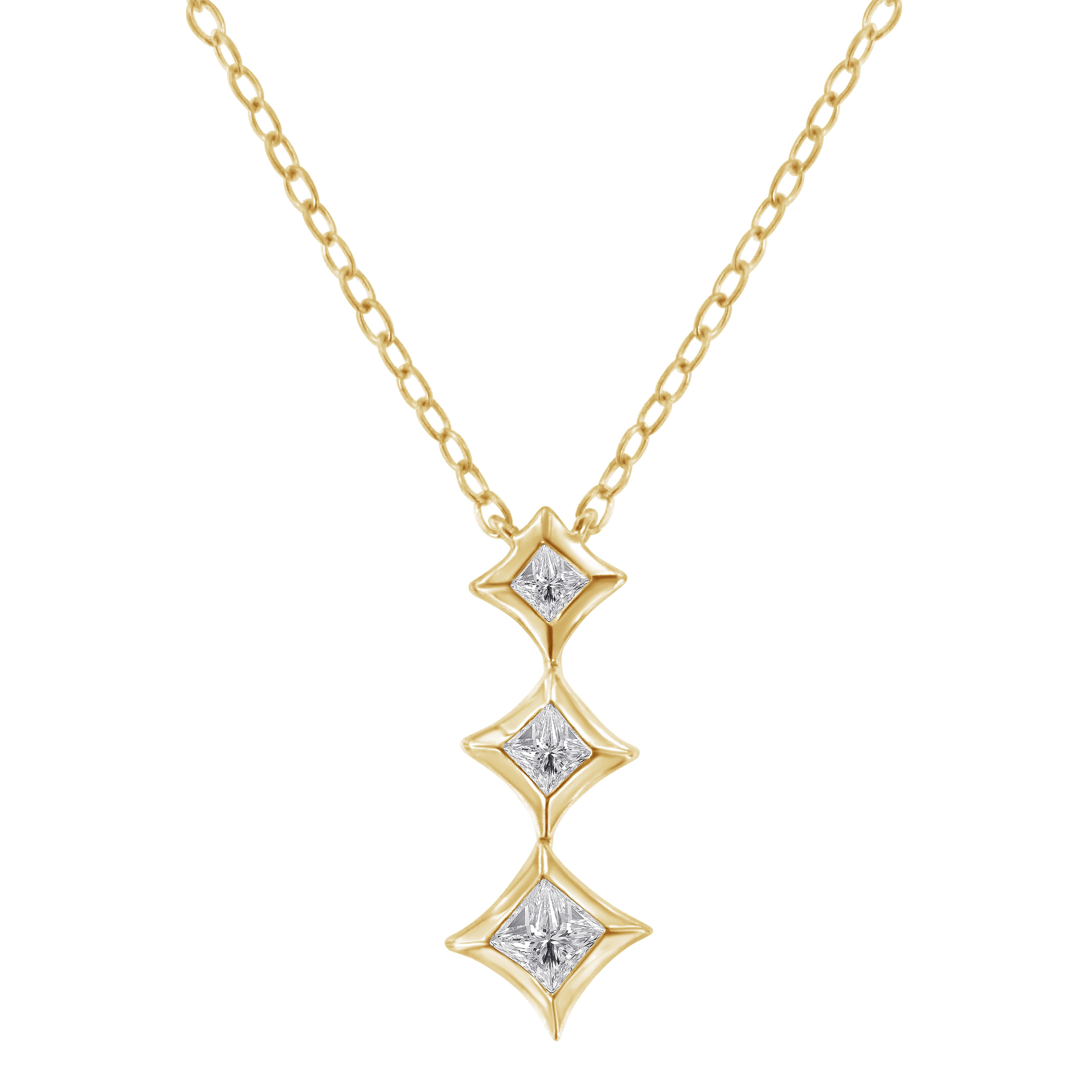 10K Yellow Gold 1/5 Cttw Princess Cut Diamond 3 Stone Drop 18" Pendant Necklace
