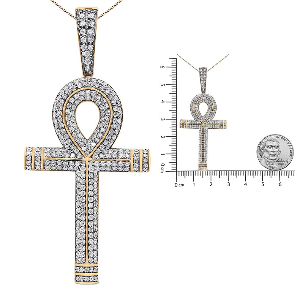 Taille ronde Collier pendentif croix ankh en or jaune 10 carats avec diamants ronds de 1 7/8 carat, pour hommes en vente