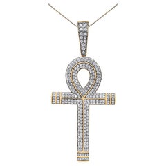 10K Yellow Gold 1 7/8 Carat Round Diamond Ankh Cross Pendant Necklace for Men