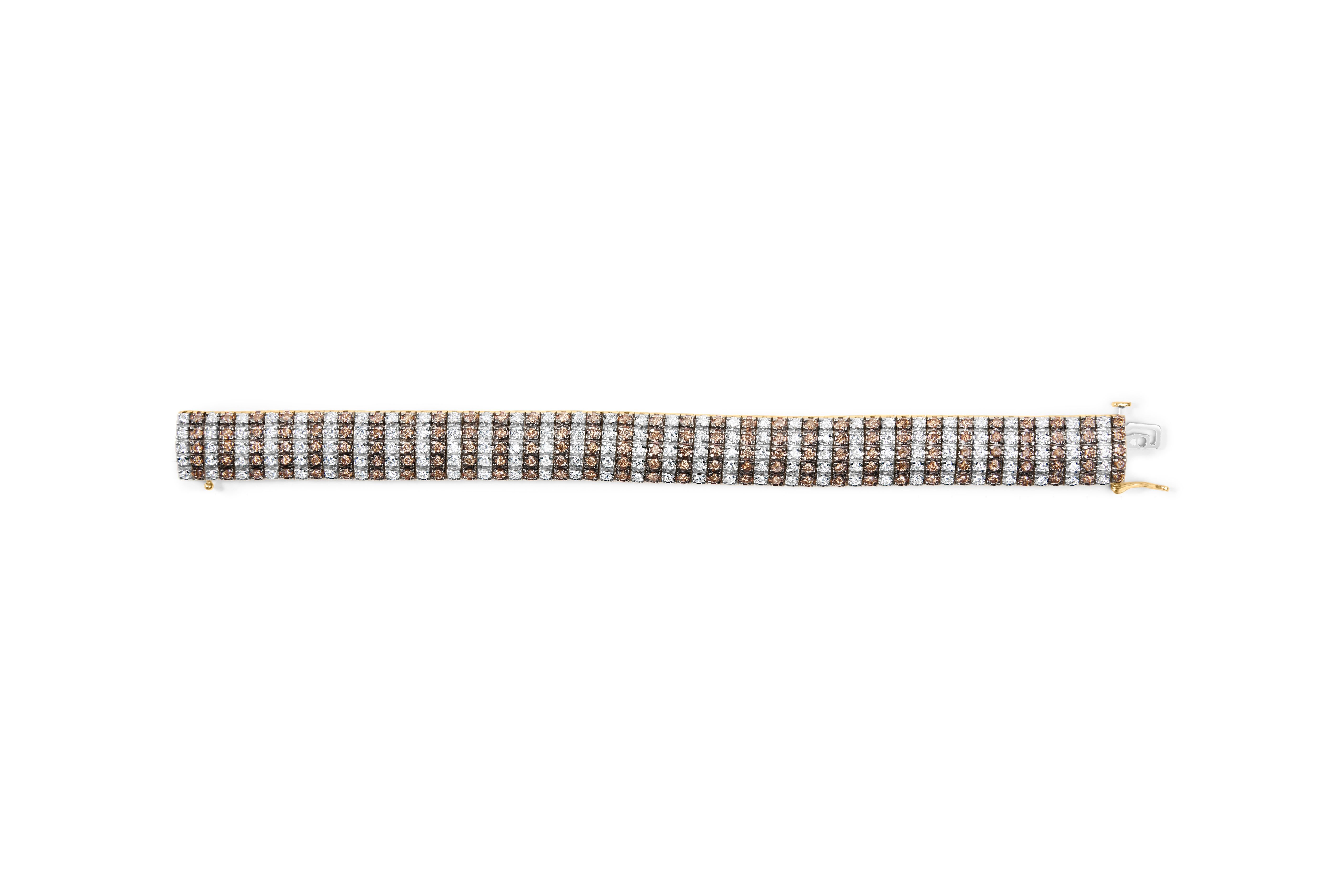 Round Cut 10K Yellow Gold 10 1/3 Cttw Coco Color and White Diamond 5 Row Tennis Bracelet For Sale