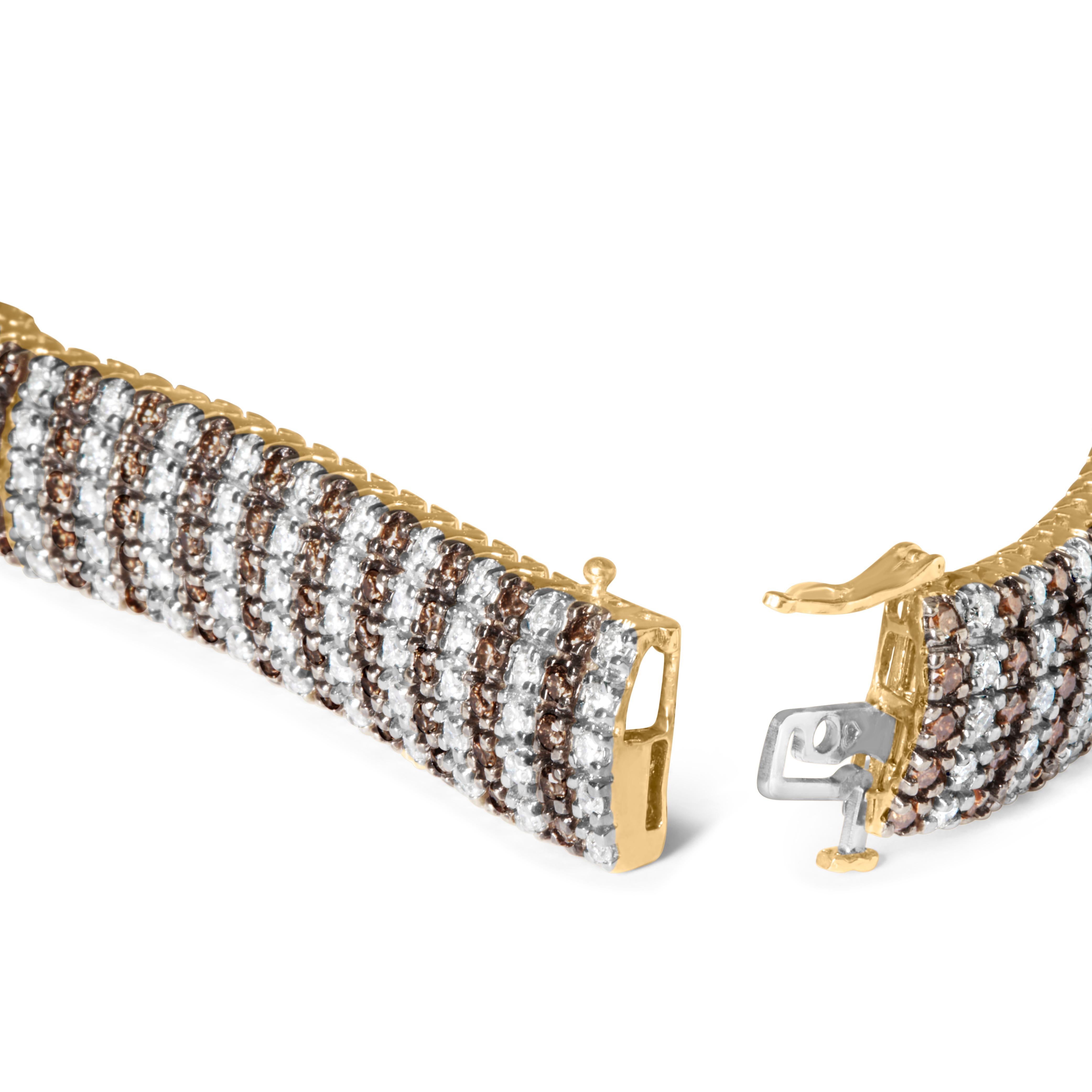 10K Yellow Gold 10 1/3 Cttw Coco Color and White Diamond 5 Row Tennis Bracelet In New Condition For Sale In New York, NY