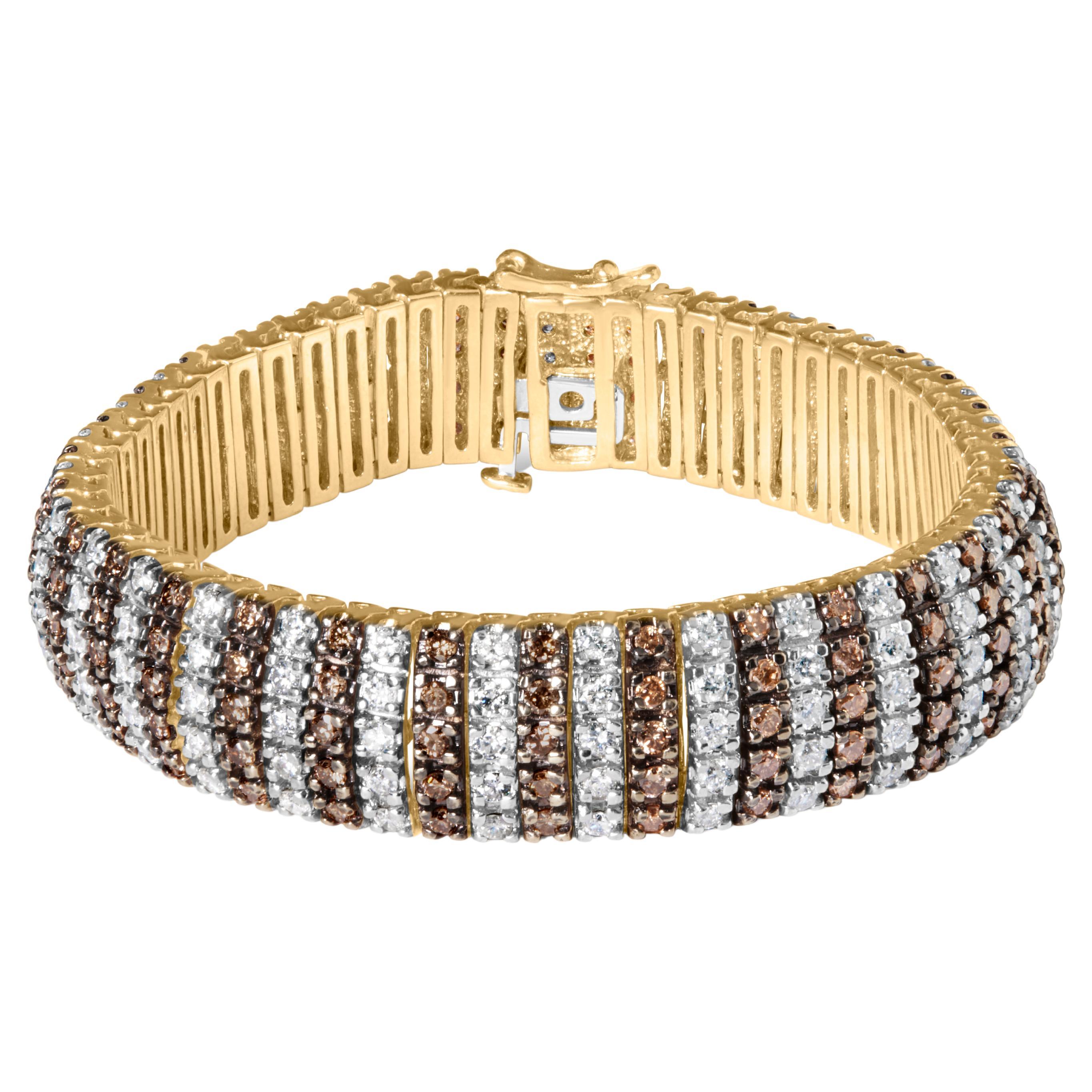 10K Yellow Gold 10 1/3 Cttw Coco Color and White Diamond 5 Row Tennis Bracelet For Sale