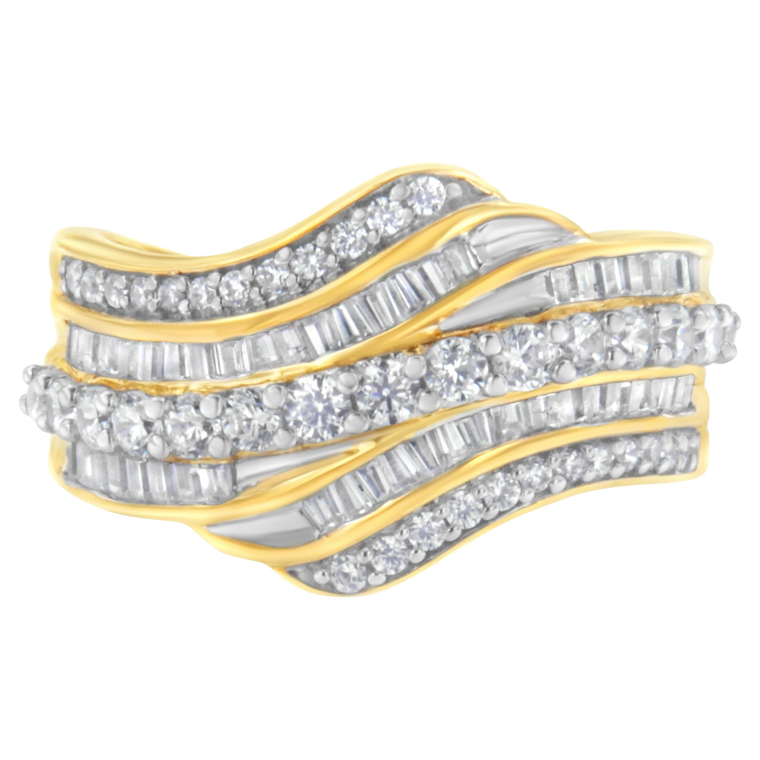 For Sale:  10K Yellow Gold 1.0 Carat Baguette and Round Diamond Multi-Row Wave Bypass Ring