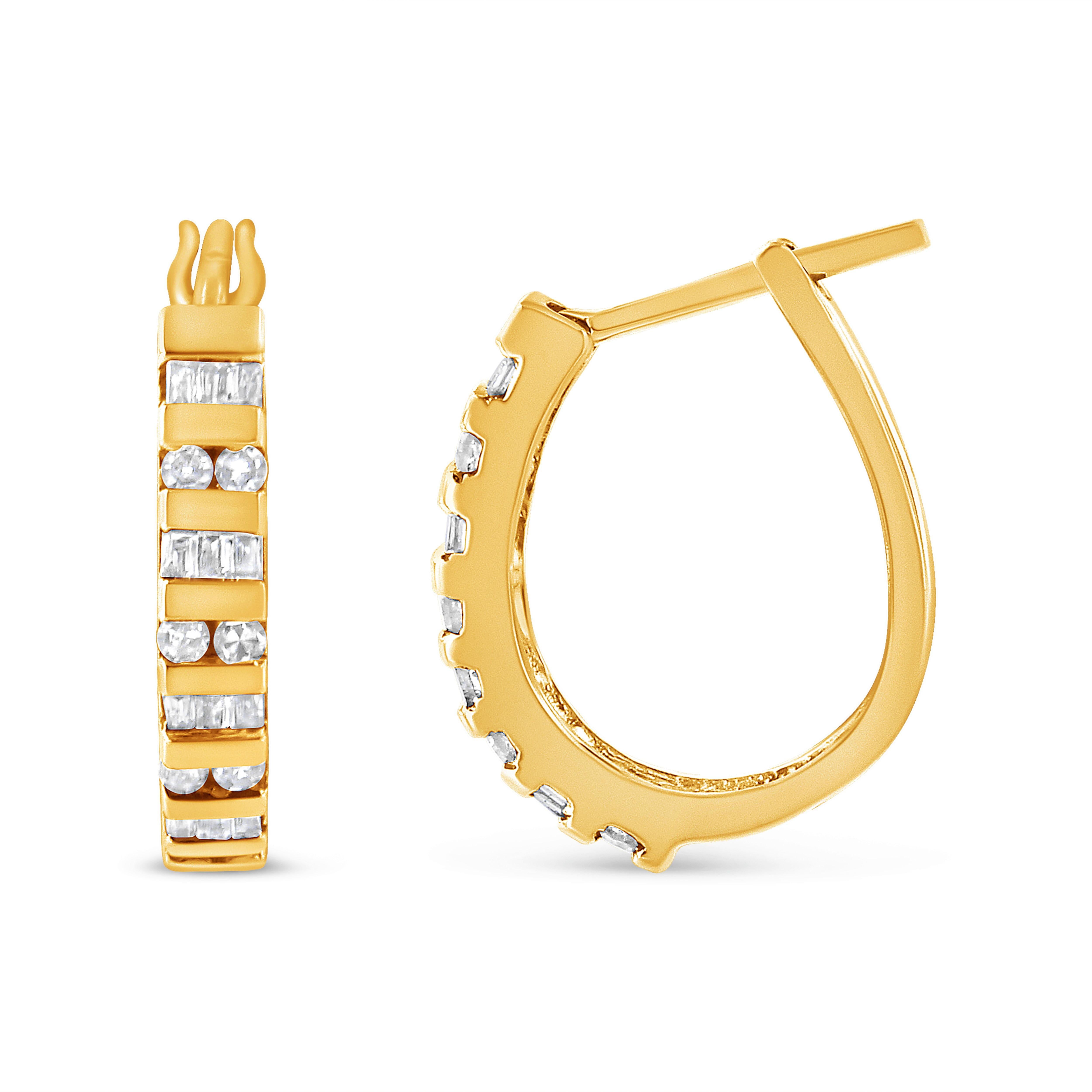 Baguette Cut 10K Yellow Gold 1.0 Carat Baguette & Round Brilliant-Cut Diamond Hoop Earrings For Sale