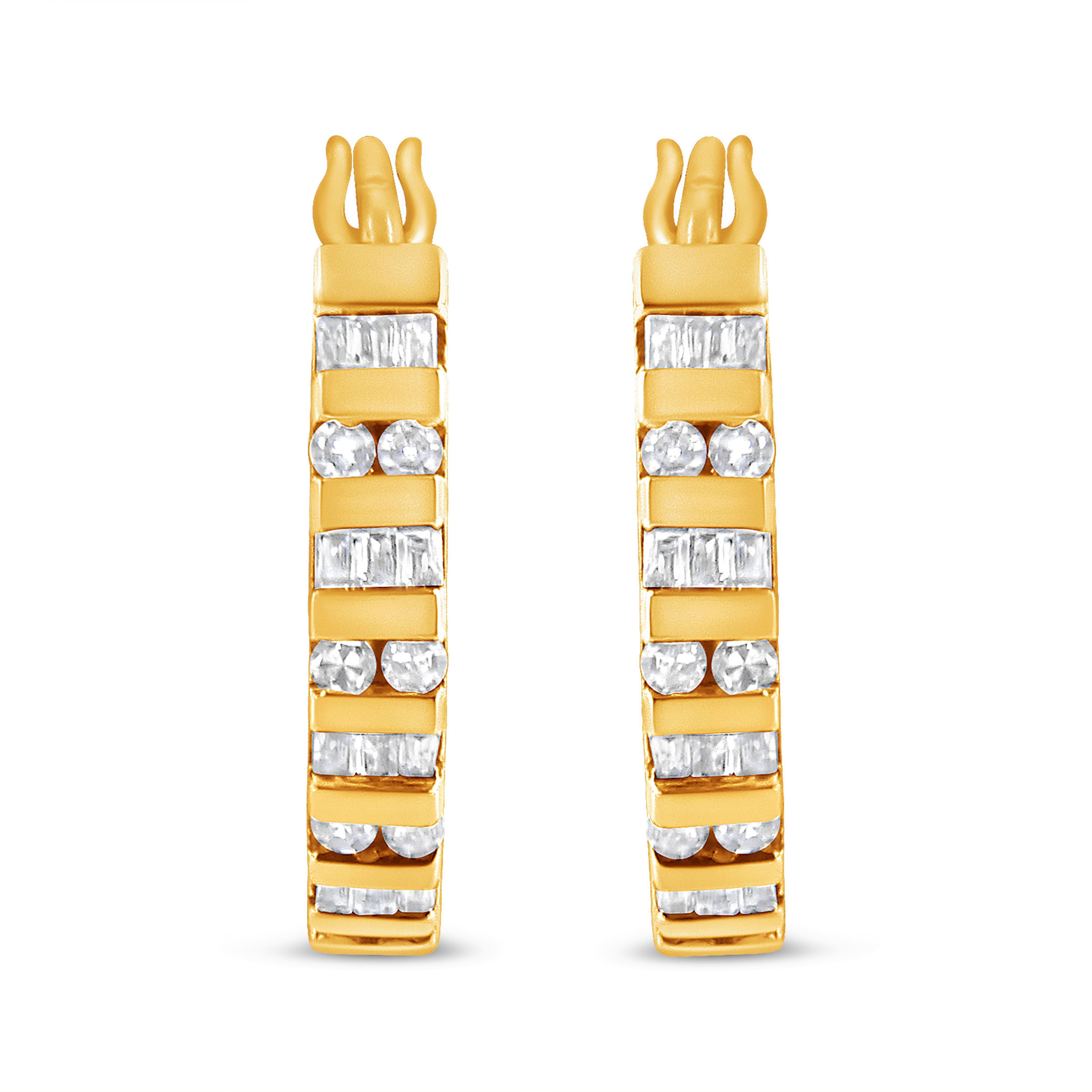 Baguette Cut 10k Yellow Gold 1.0 Carat Baguette & Round Brilliant-Cut Diamond Hoop Earrings For Sale