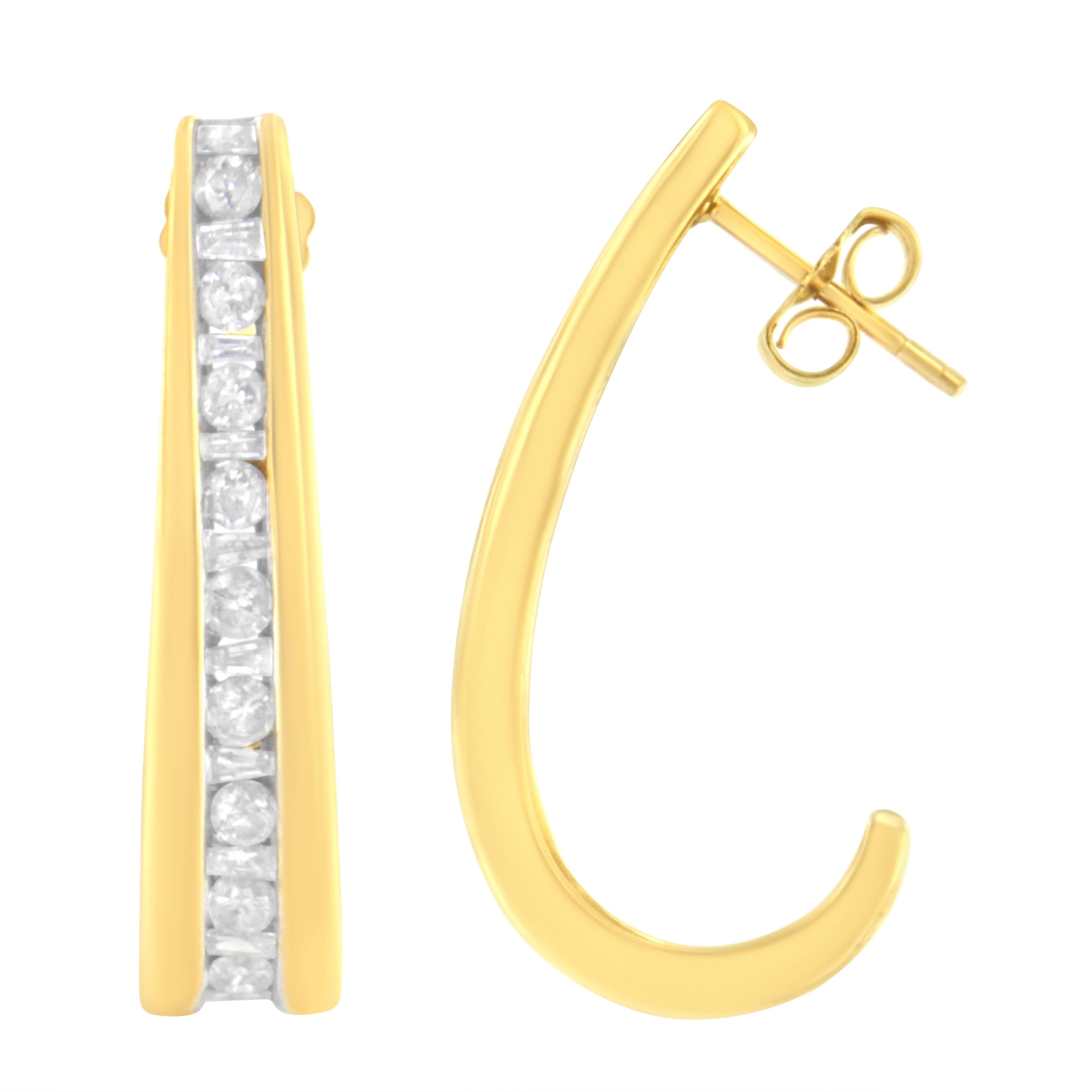 Simple and elegant, these diamond J hoop earrings are perfect for any occasion. Created in 10k yellow gold, this design features sparkling round and baguette cut diamonds that alternate and inlay the front edge of the hoop. This piece captivates