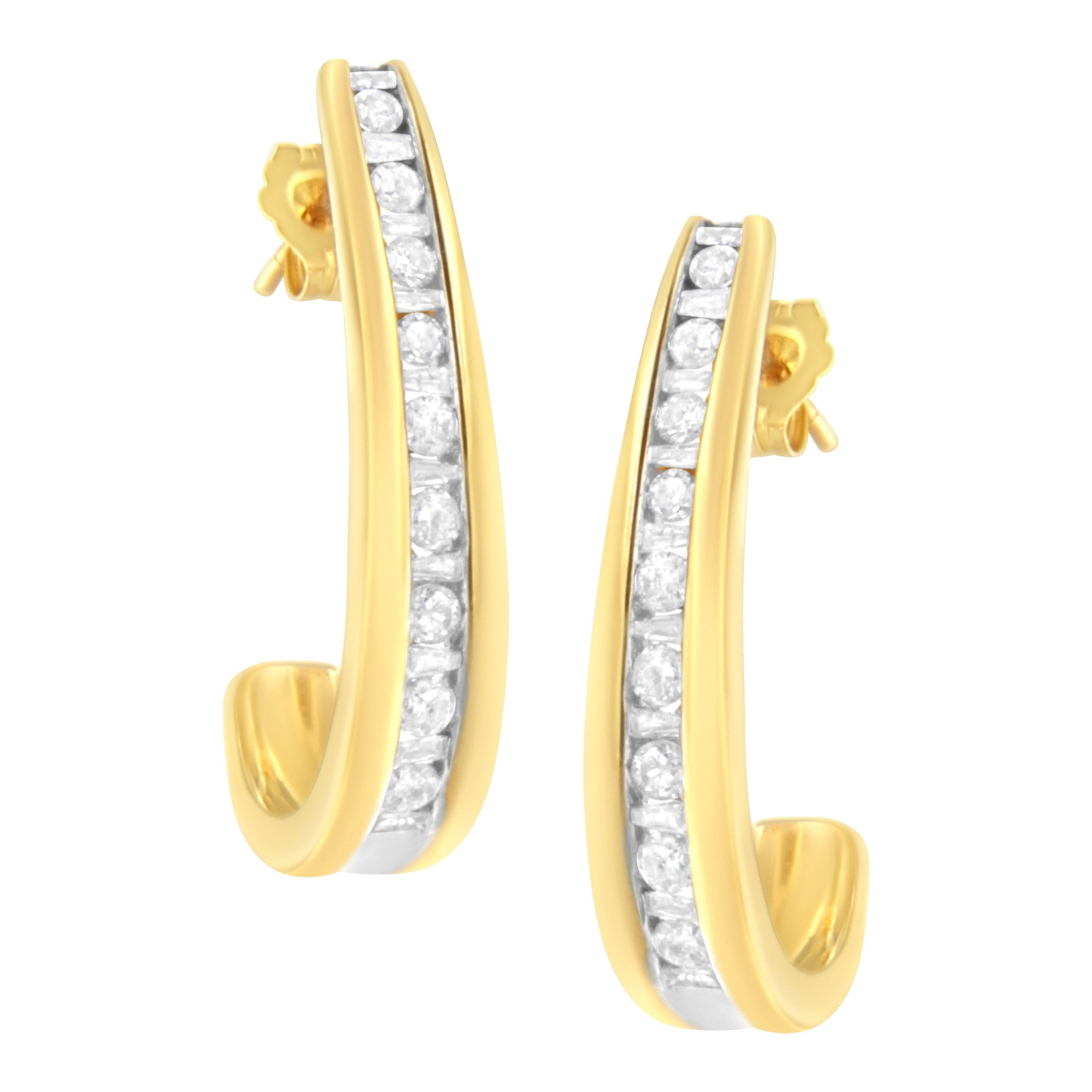 10K Yellow Gold 1.0 Carat Channel Set Diamond J-Hoop Earrings
