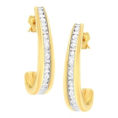 Boucles d'oreilles J-Hoop en or jaune 10 carats avec diamants de 1,0 carat sertis en rail