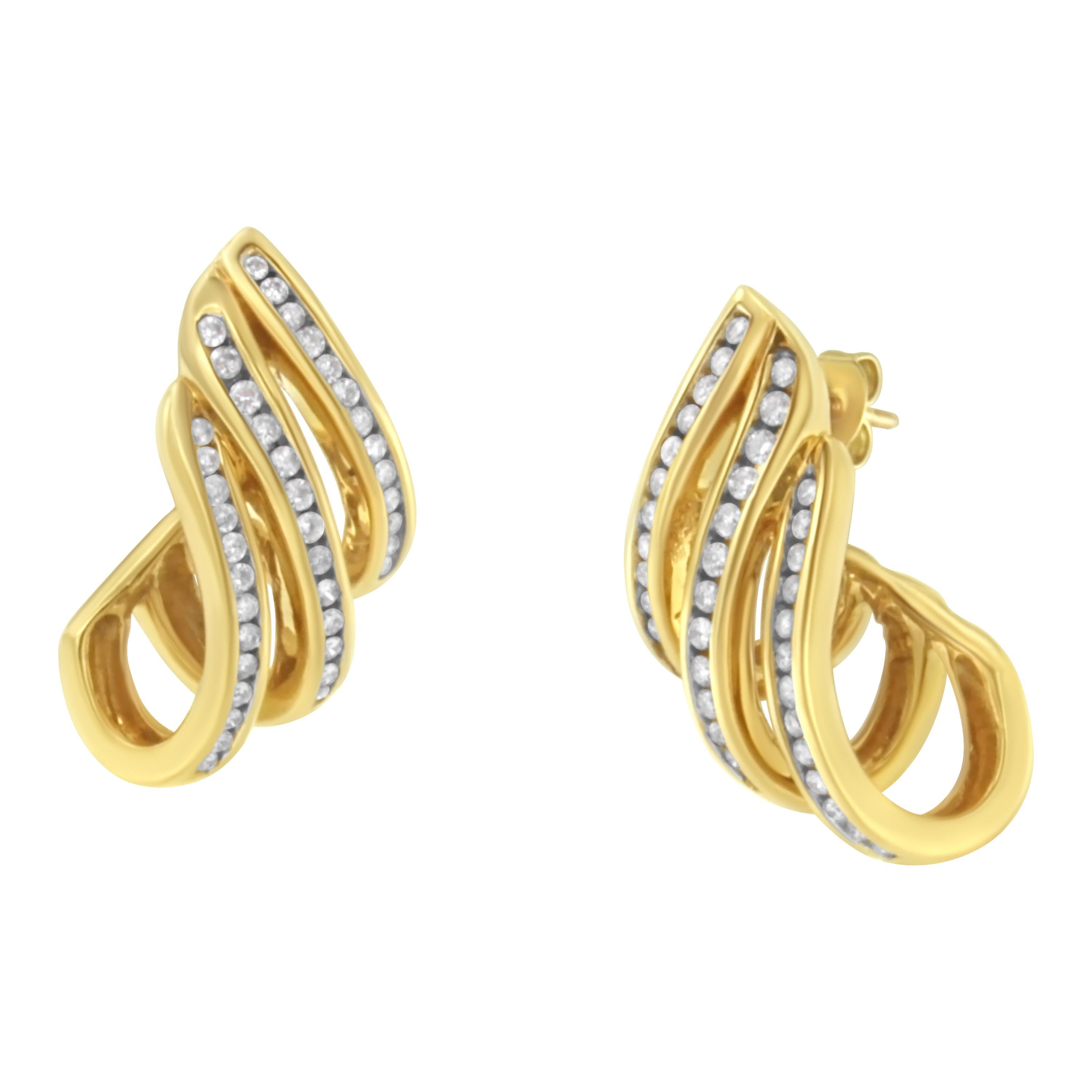You will fall in love with these unique fan shaped multi ribbon open hoop earrings. A must have for any serious jewelry collection, these 10K yellow gold earrings boast 1.0 carat total weight worth of diamonds with 78 individual stones. The hoops