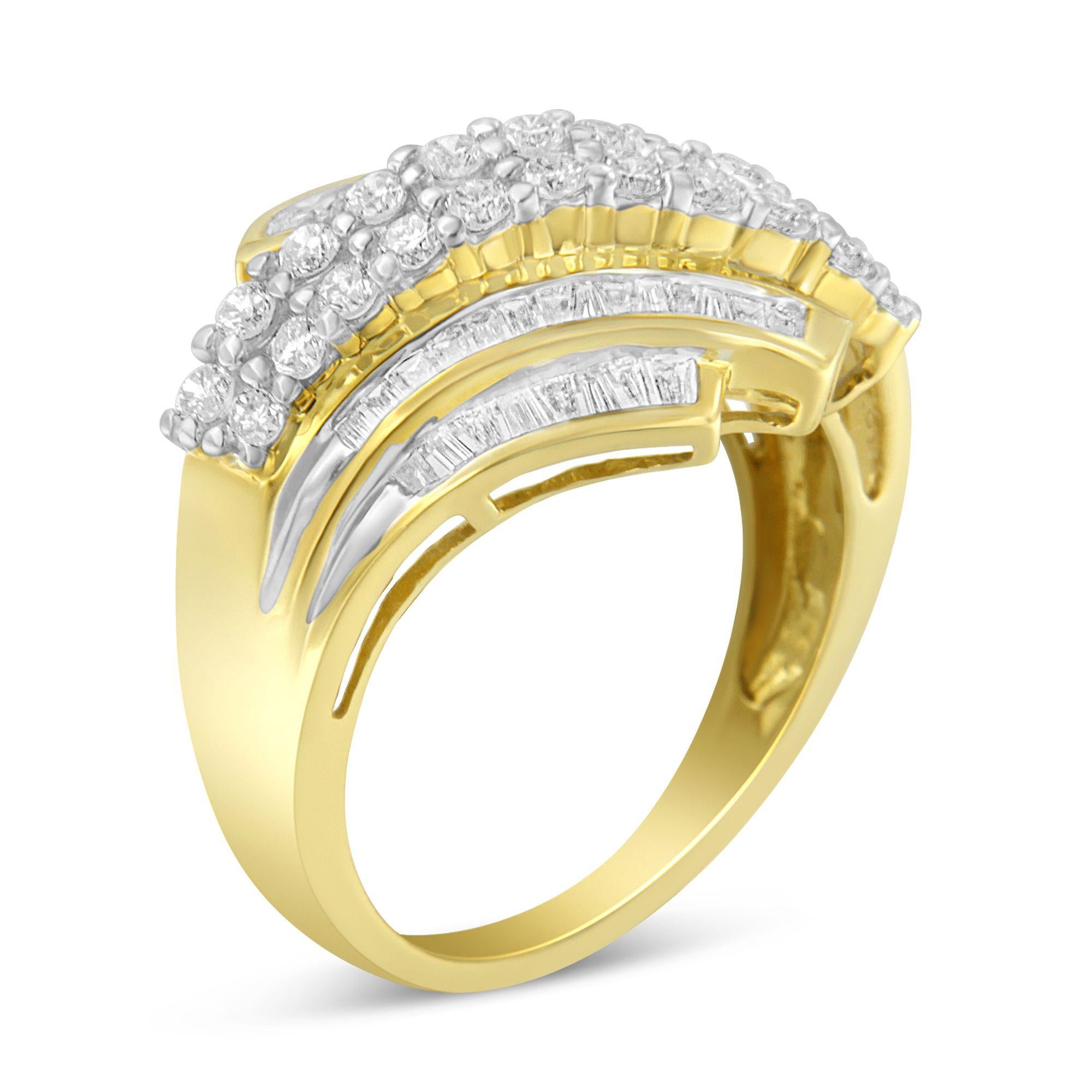Elegant and timeless, this 10K yellow gold diamond statement ring features 1.0 carat total weight of diamonds with 64 individual stones. The bypass style fashion ring features a two row wave of round, brilliant cut diamonds in shared prong settings