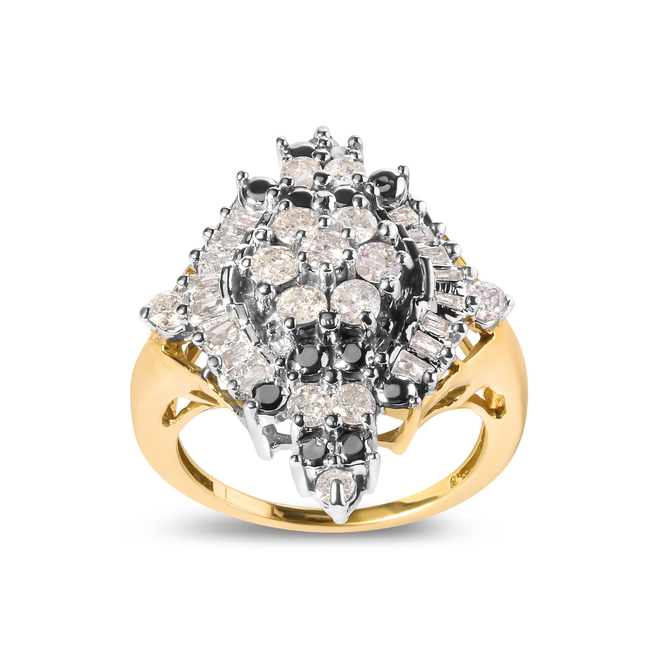 Indulge in the luxurious elegance of this stunning cocktail ring. Crafted from 10K yellow gold, this piece features a dazzling array of 31 natural diamonds, totaling 1 carat in weight. The round and baguette cut diamonds are expertly arranged in a
