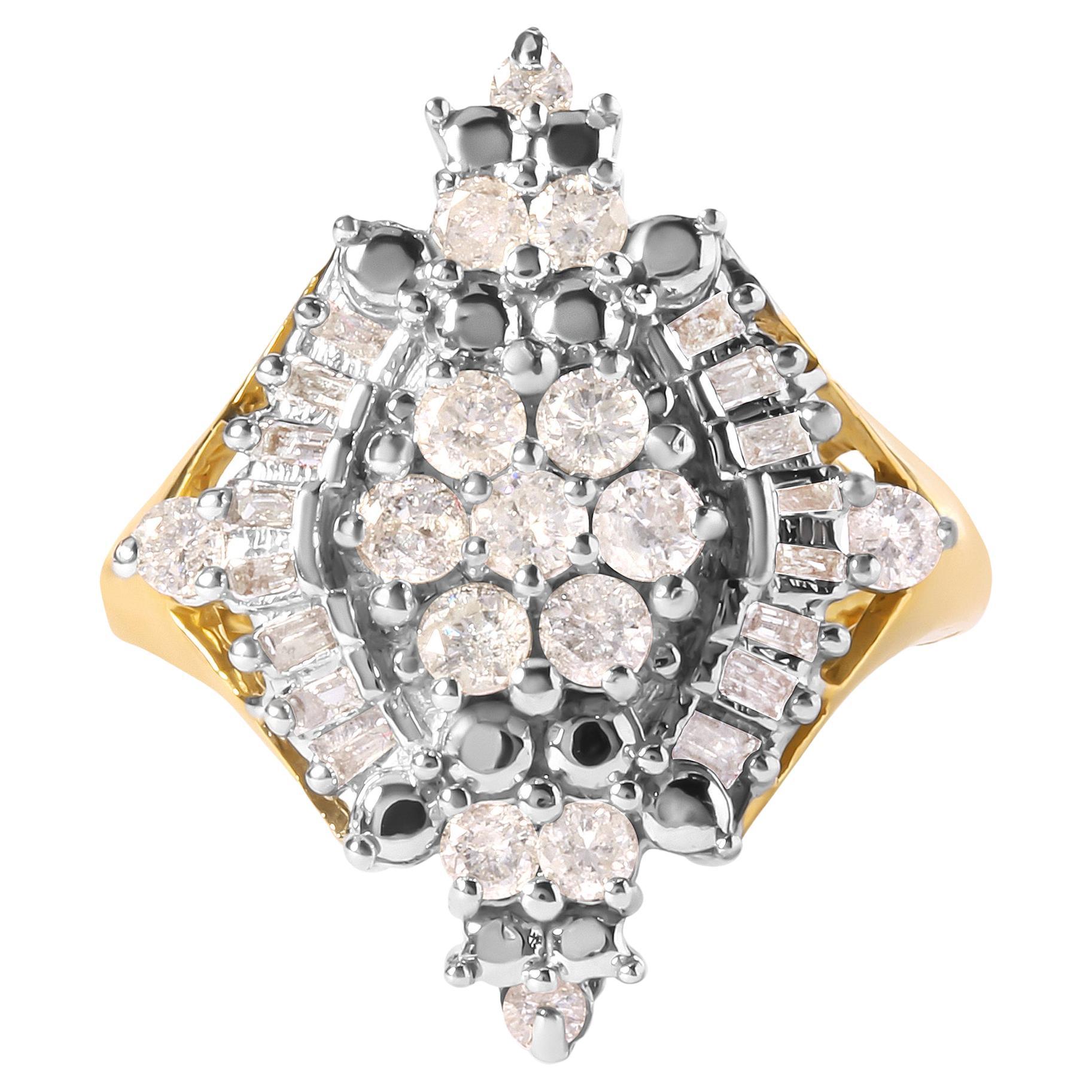 10K Yellow Gold 1.0 Carat Diamond Cluster and Rhombus Halo Ring For Sale
