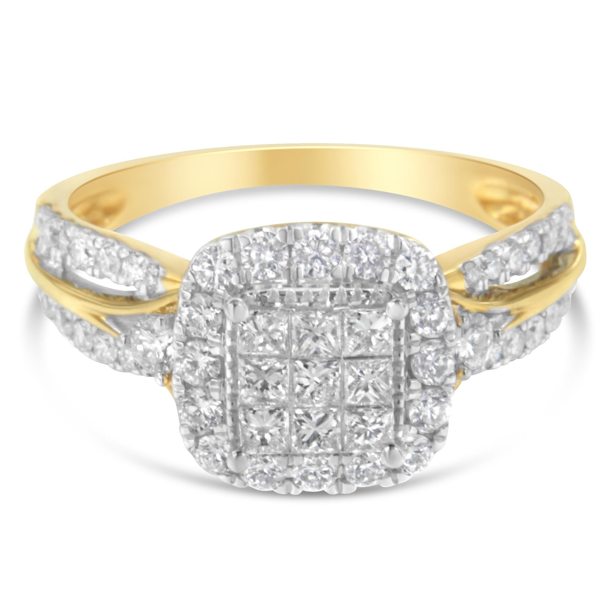 For Sale:  10K Yellow Gold 1.0 Carat Diamond Cluster Halo Triple-Band-Look Engagement Ring  2