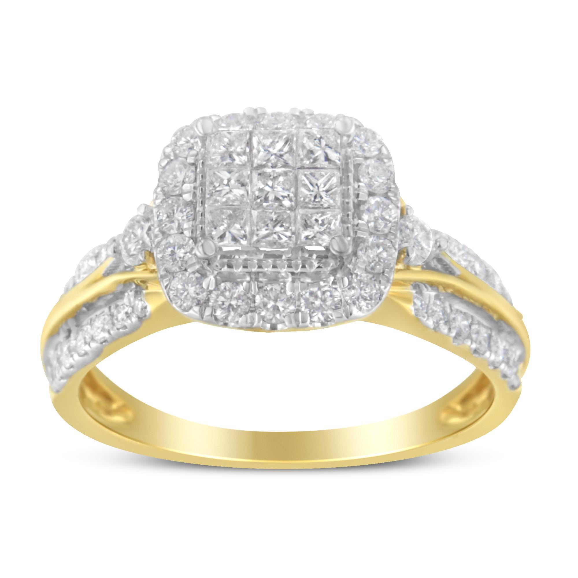For Sale:  10K Yellow Gold 1.0 Carat Diamond Cluster Halo Triple-Band-Look Engagement Ring  3