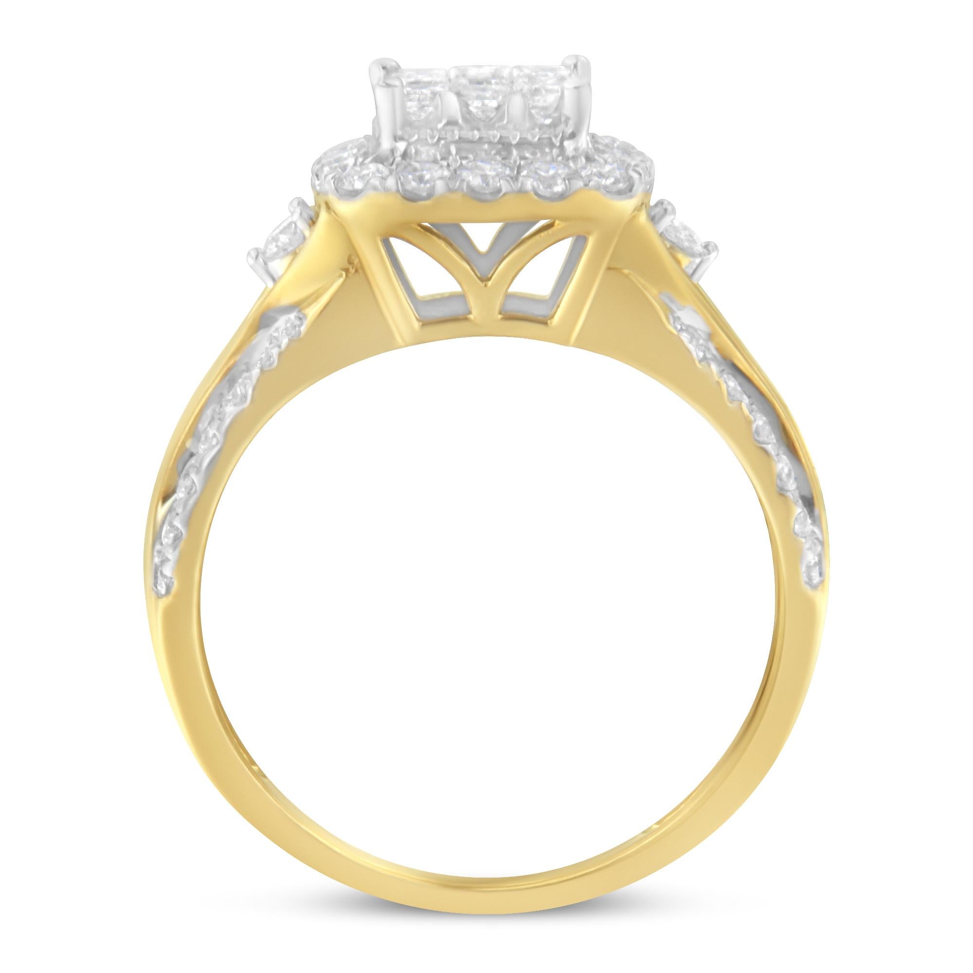 For Sale:  10K Yellow Gold 1.0 Carat Diamond Cluster Halo Triple-Band-Look Engagement Ring  4