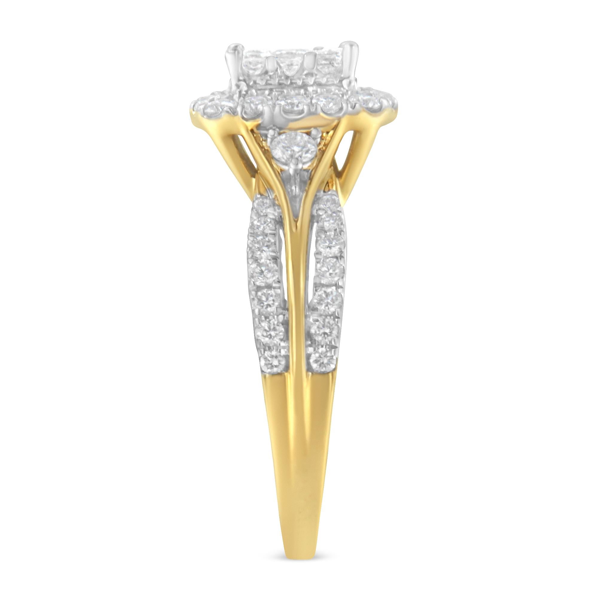 For Sale:  10K Yellow Gold 1.0 Carat Diamond Cluster Halo Triple-Band-Look Engagement Ring  5