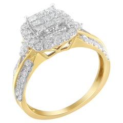 Bague de fiançailles à trois anneaux en or jaune 10 carats avec halo de diamants de 1,0 carat en grappe 