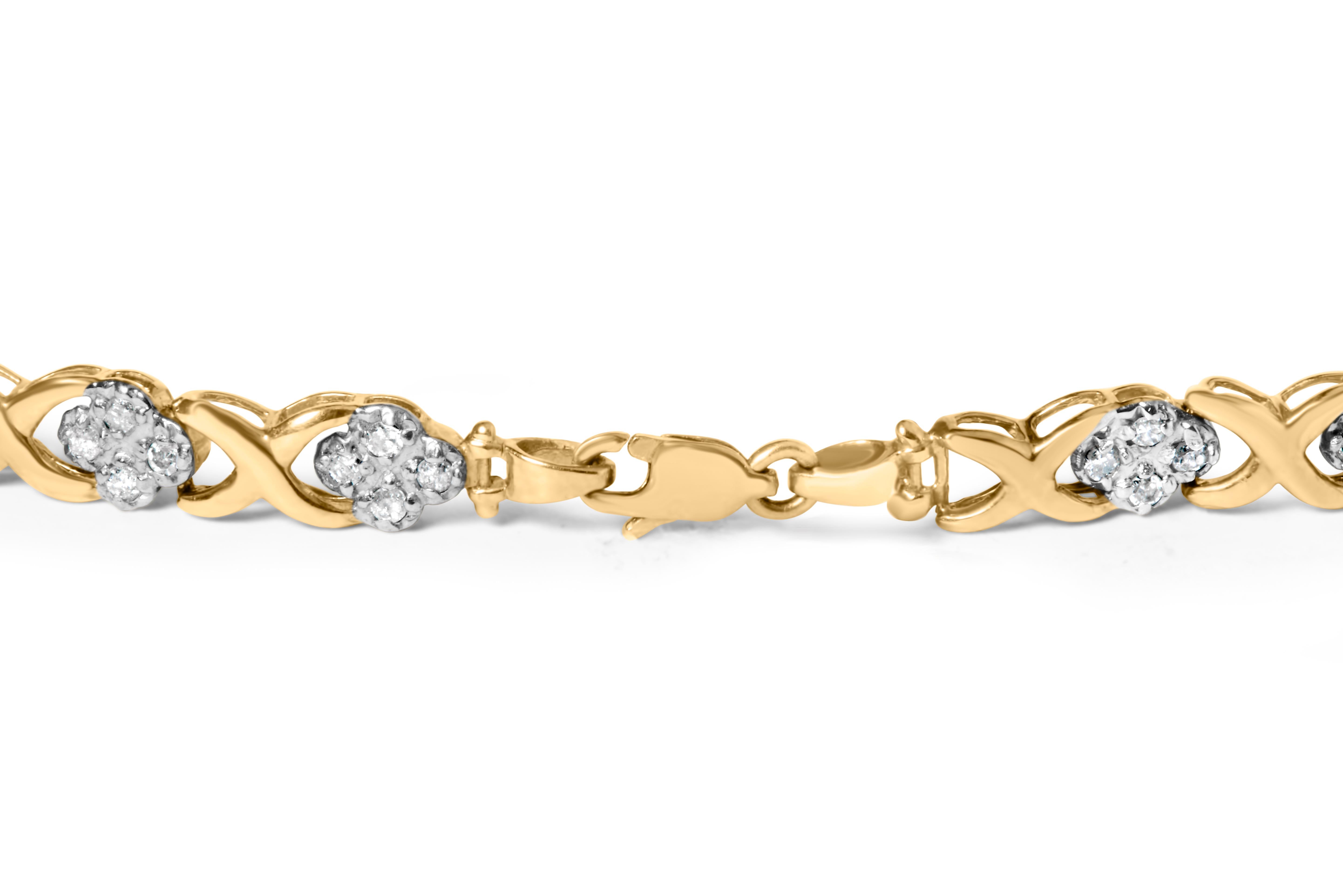 Elegant and timeless, this gorgeous 10K yellow gold tennis bracelet features 1 carat total weight of round, rose cut, promo quality diamonds with a whopping 64 stones in all. Rose-cut, promo quality diamonds are milky and cloudy in nature. The