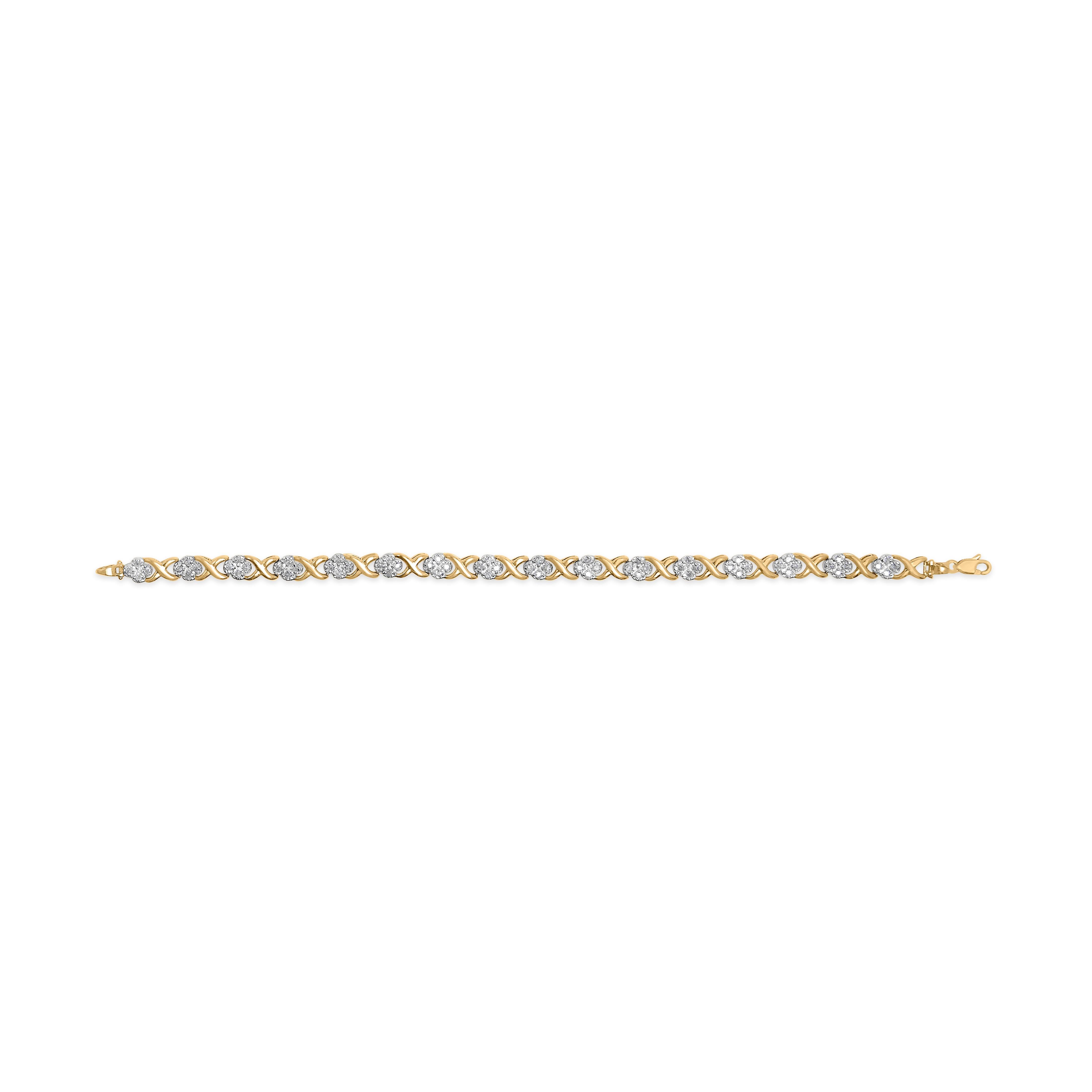 Round Cut 10K Yellow Gold 1.0 Carat Diamond Cluster X Link Tennis Link Bracelet For Sale
