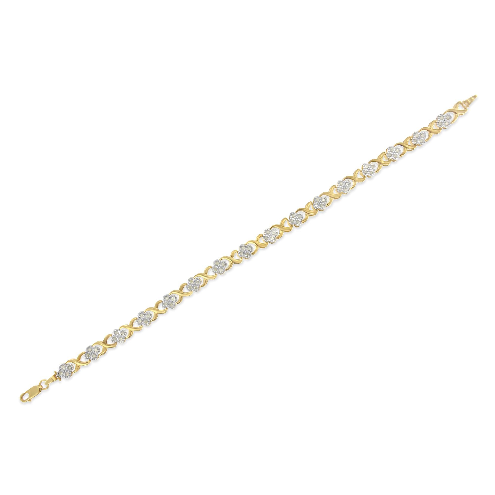 10K Yellow Gold 1.0 Carat Diamond Cluster X Link Tennis Link Bracelet In New Condition For Sale In New York, NY