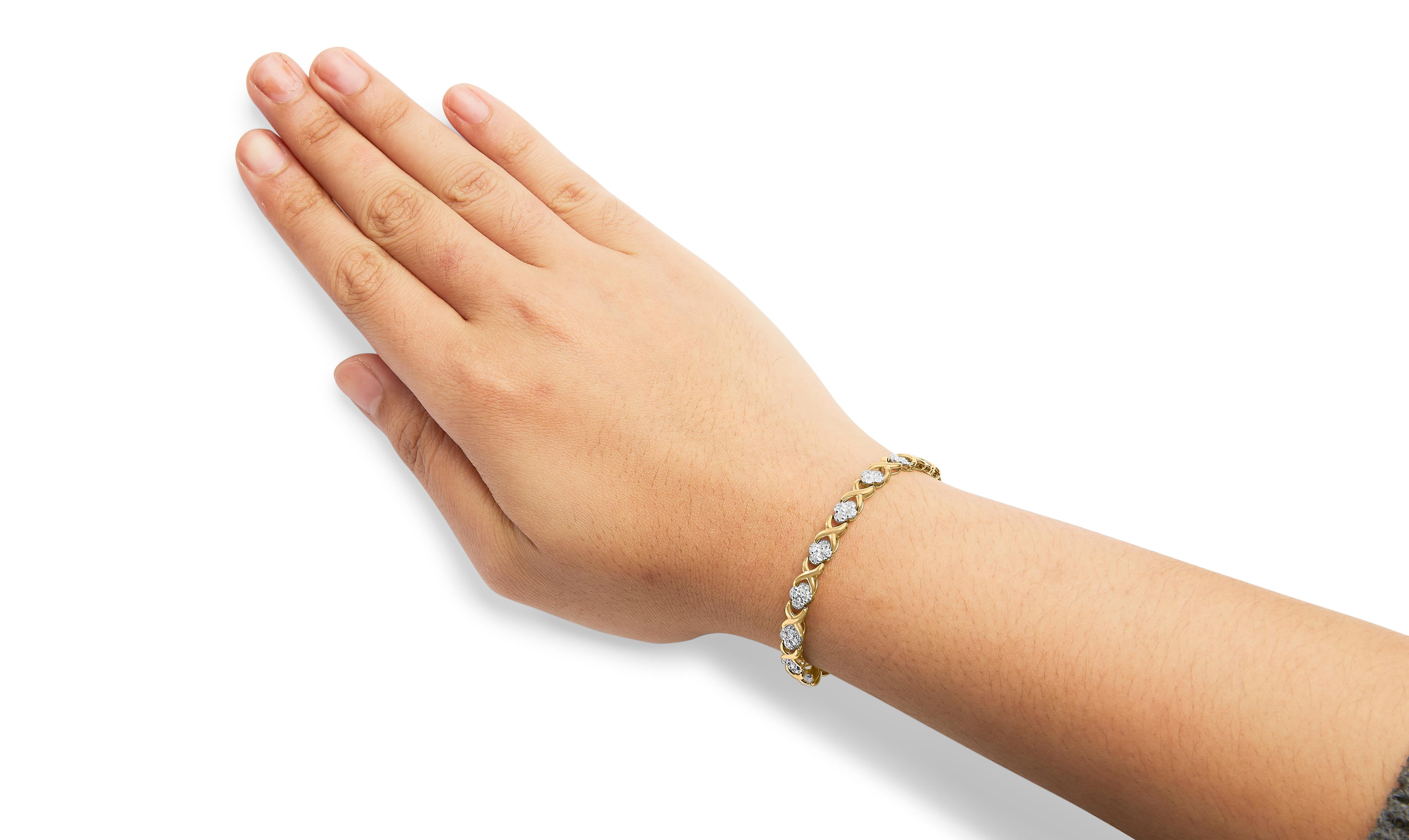 Bracelet tennis à maillons en or jaune 10 carats avec grappe de diamants 1,0 carat en forme de X Pour femmes en vente