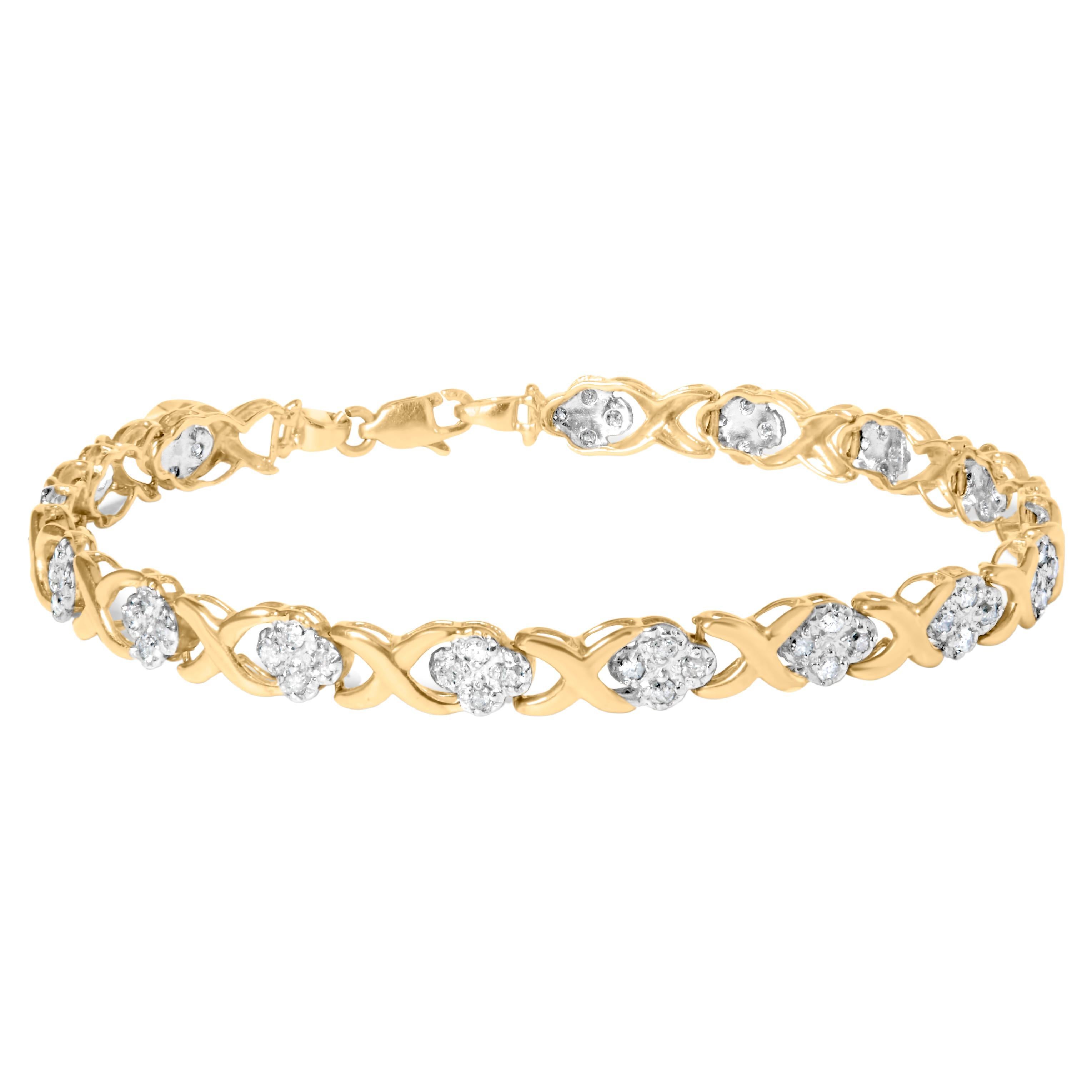 Bracelet tennis à maillons en or jaune 10 carats avec grappe de diamants 1,0 carat en forme de X en vente