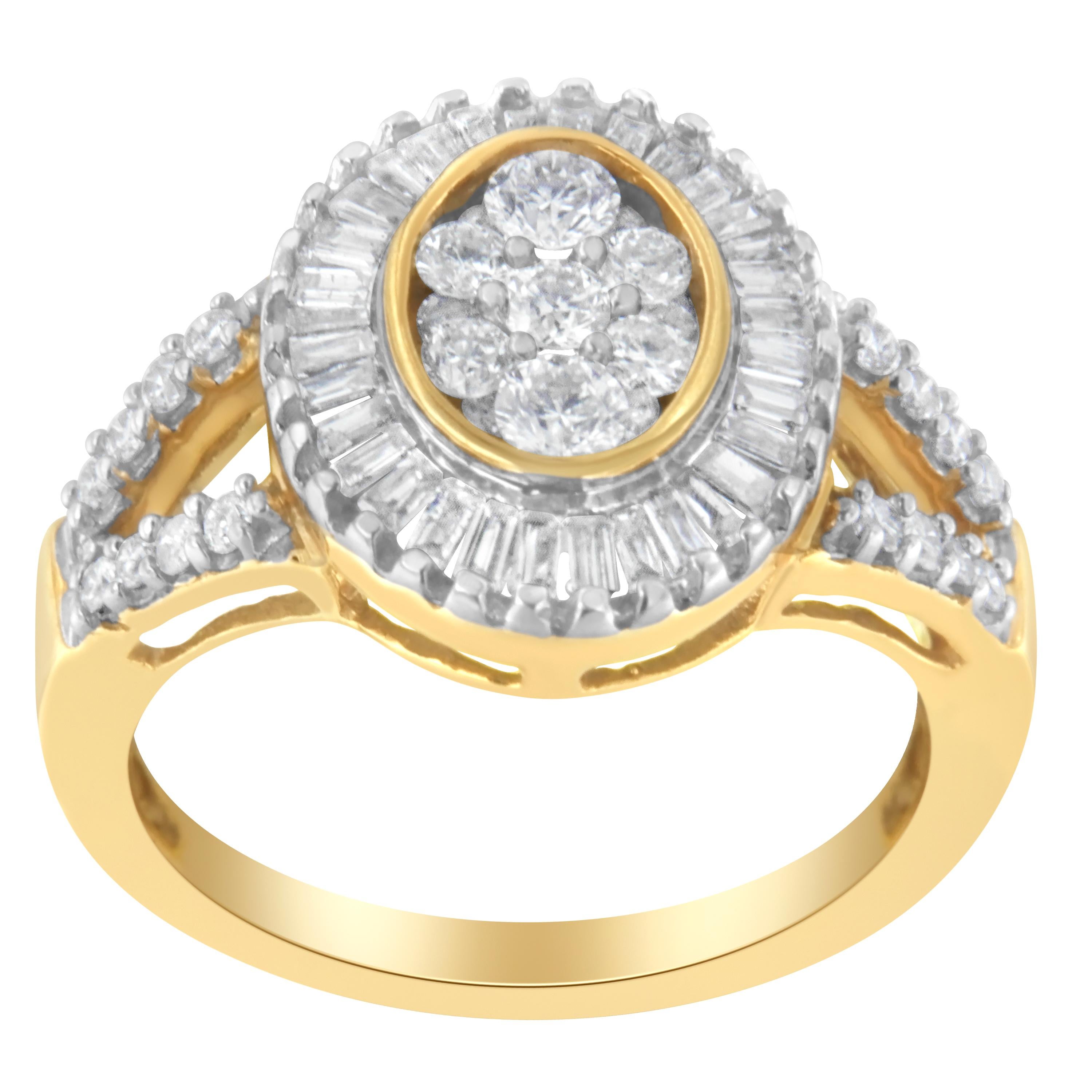 This glamorous diamond cocktail ring features a central oval cluster of round diamonds surrounded by a halo of baguette diamonds. The sparkling split shank band is set with diamonds. Crafted in 10 karat yellow gold, the total diamond weight is 1
