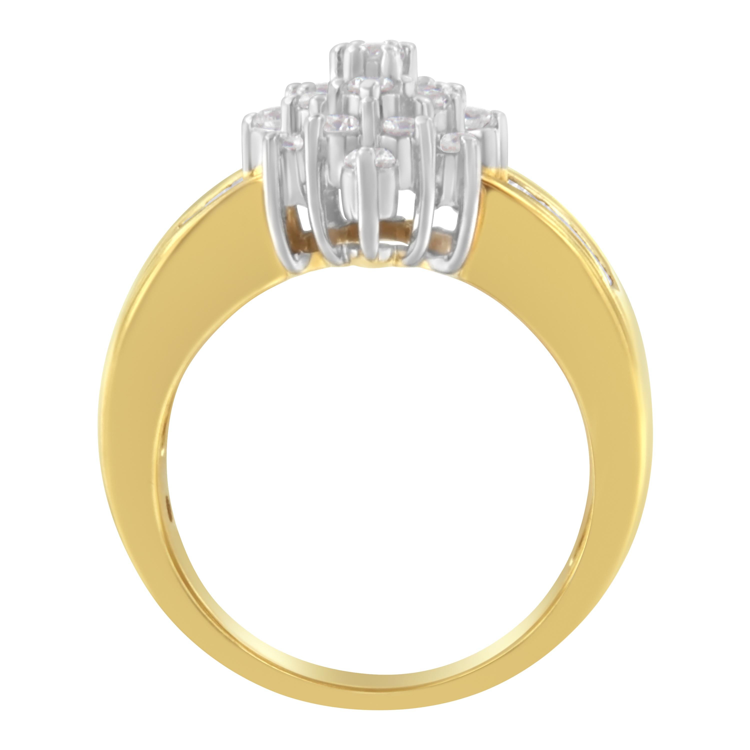 Elegant and timeless, this gorgeous 10K yellow gold diamond cocktail ring features 1.0 carat total weight of diamonds with a whopping 39 individual stones. The fashion ring features a raised, multi-tier starburst shaped cluster made up of round