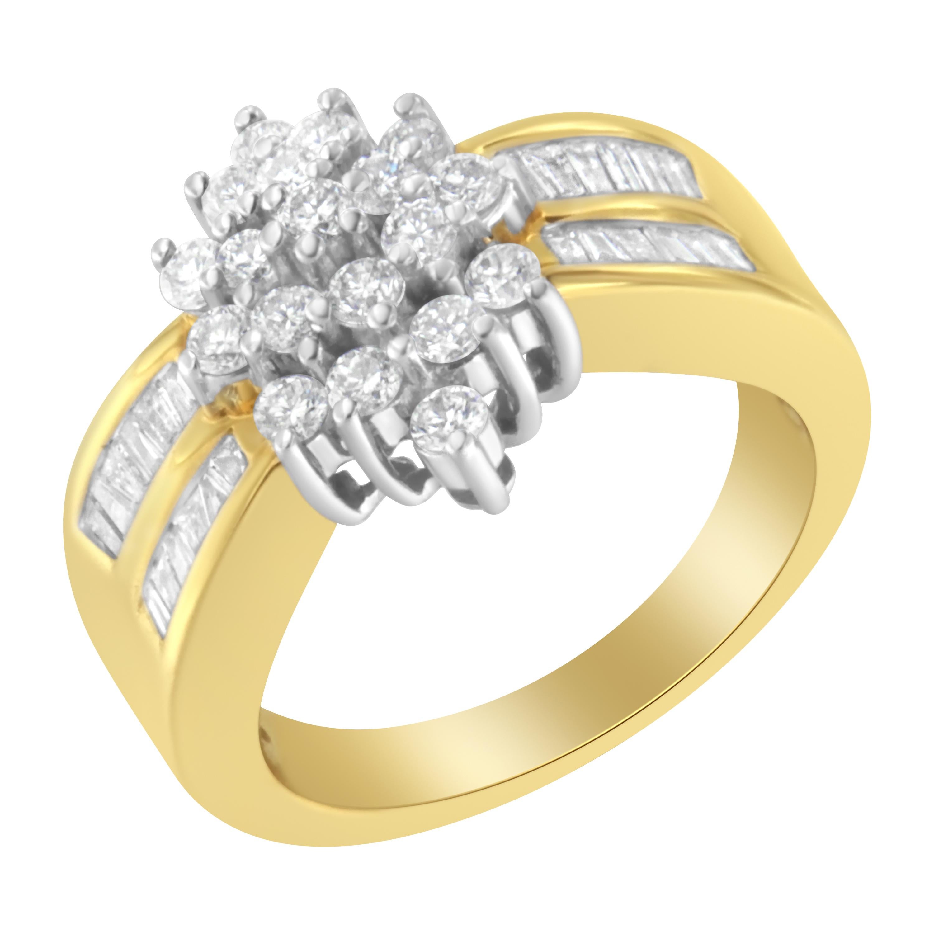 Round Cut 10K Yellow Gold 1.0 Carat Diamond Floral Cluster Double-Channel Flared Band Ring