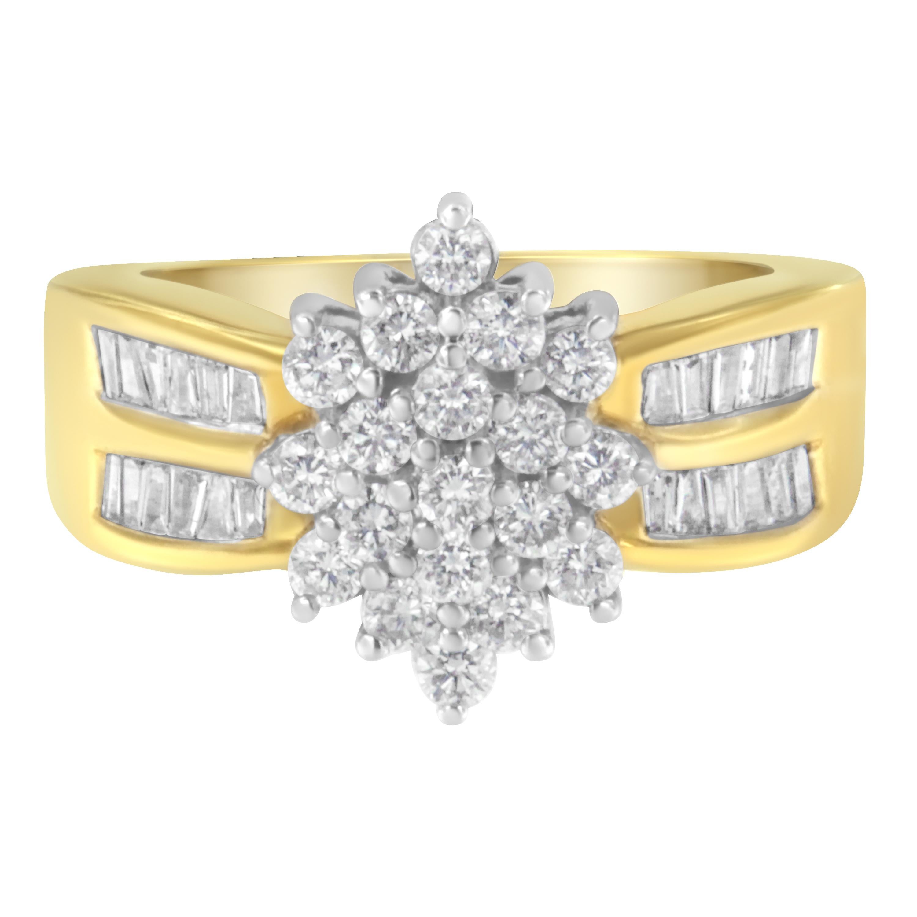 10K Yellow Gold 1.0 Carat Diamond Floral Cluster Double-Channel Flared Band Ring