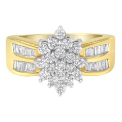 10K Gelbgold 1,0 Karat Diamant-Blumen-Cluster-Ring mit ausgestelltem Bandring mit doppeltem Schirm