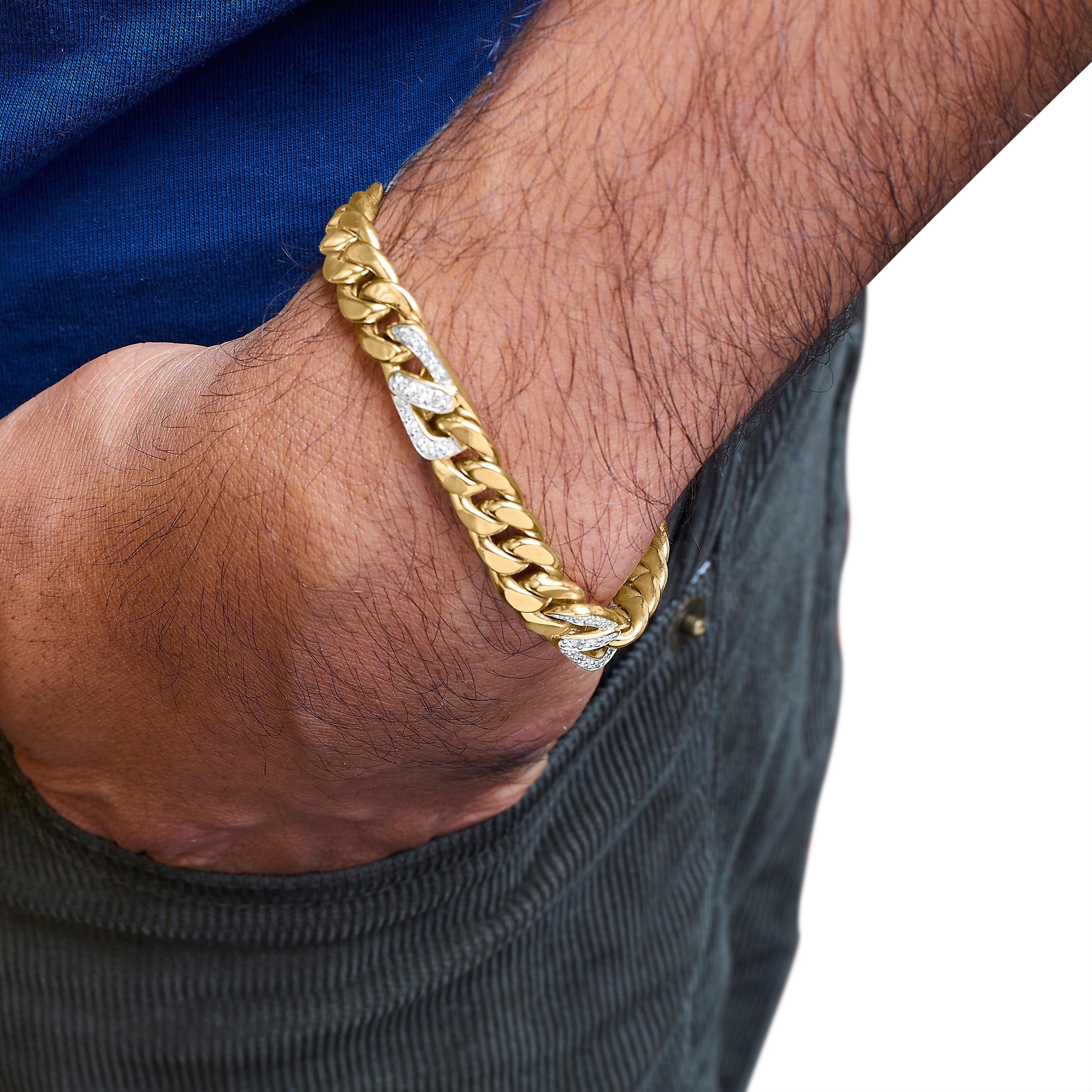 Taille ronde Bracelet à maillons cubains Miami en or jaune 10 carats avec diamants de 1,0 carat  - 8,5 pouces en vente