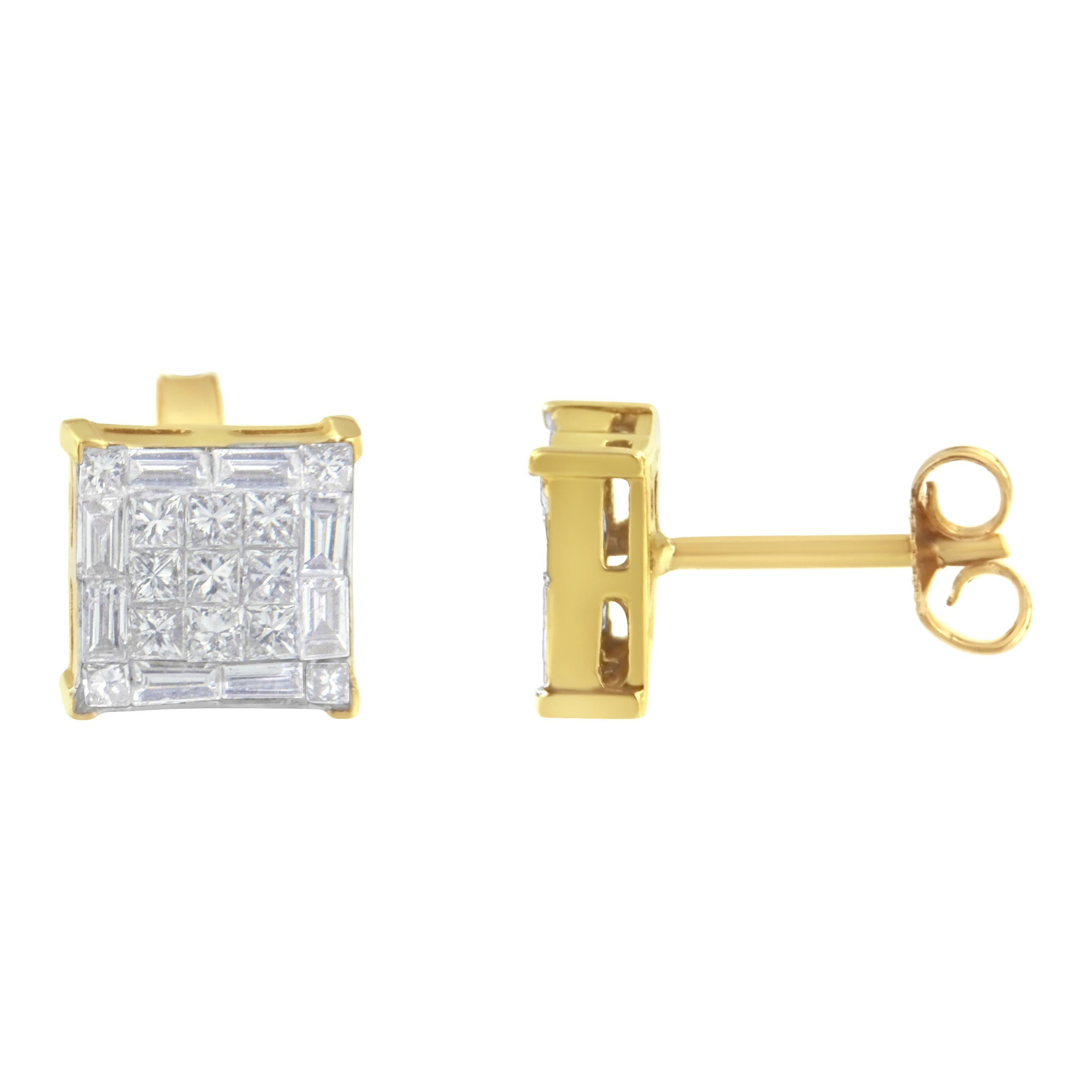 This glamorous pair of stud earrings features cluster of nine princess cut diamonds set in a square shape within a halo of round a baguette diamonds. Crafted in 10 karat yellow gold, they have a total diamond weight of 1/2 carat. These natural
