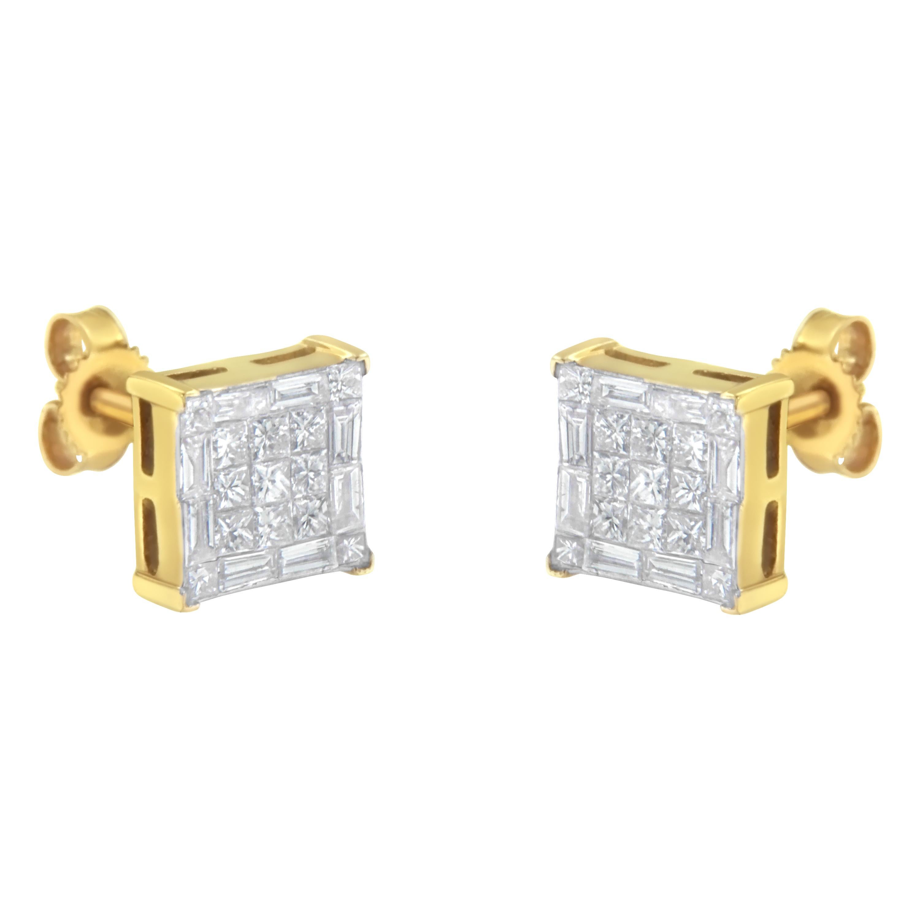 Modern 10K Yellow Gold 1.0 Carat Princess Cut Diamond Stud Earrings For Sale