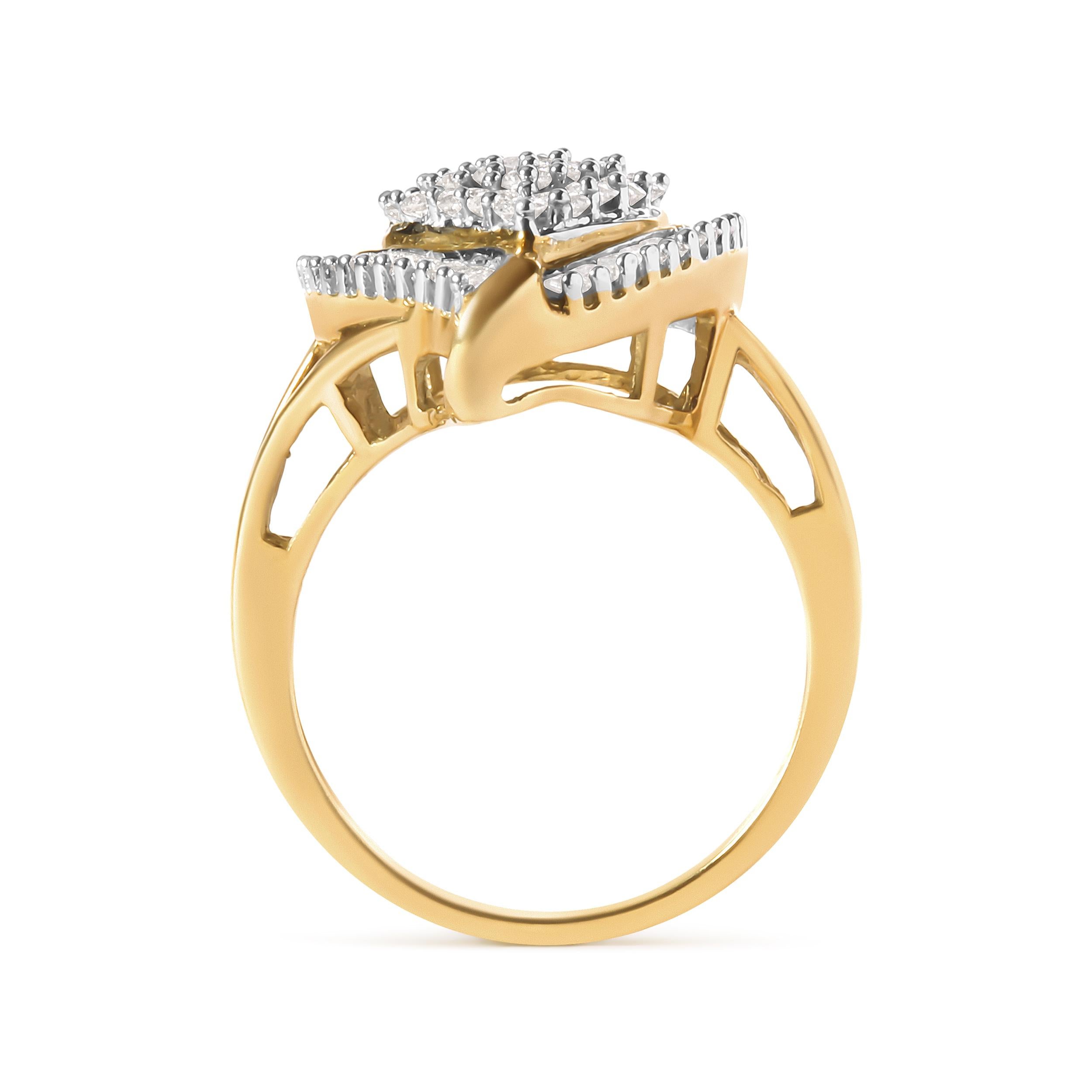 Indulge in the elegance of this 10K Yellow Gold Ballerina Cluster Ring, adorned with 66 natural diamonds totaling 1.0 cttw. The round and baguette cut diamonds are carefully prong set in a stunning ballerina design, creating a mesmerizing display of