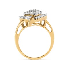 10K Yellow Gold 1.0 Carat Round and Baguette Cut Diamond Ballerina Cluster Ring