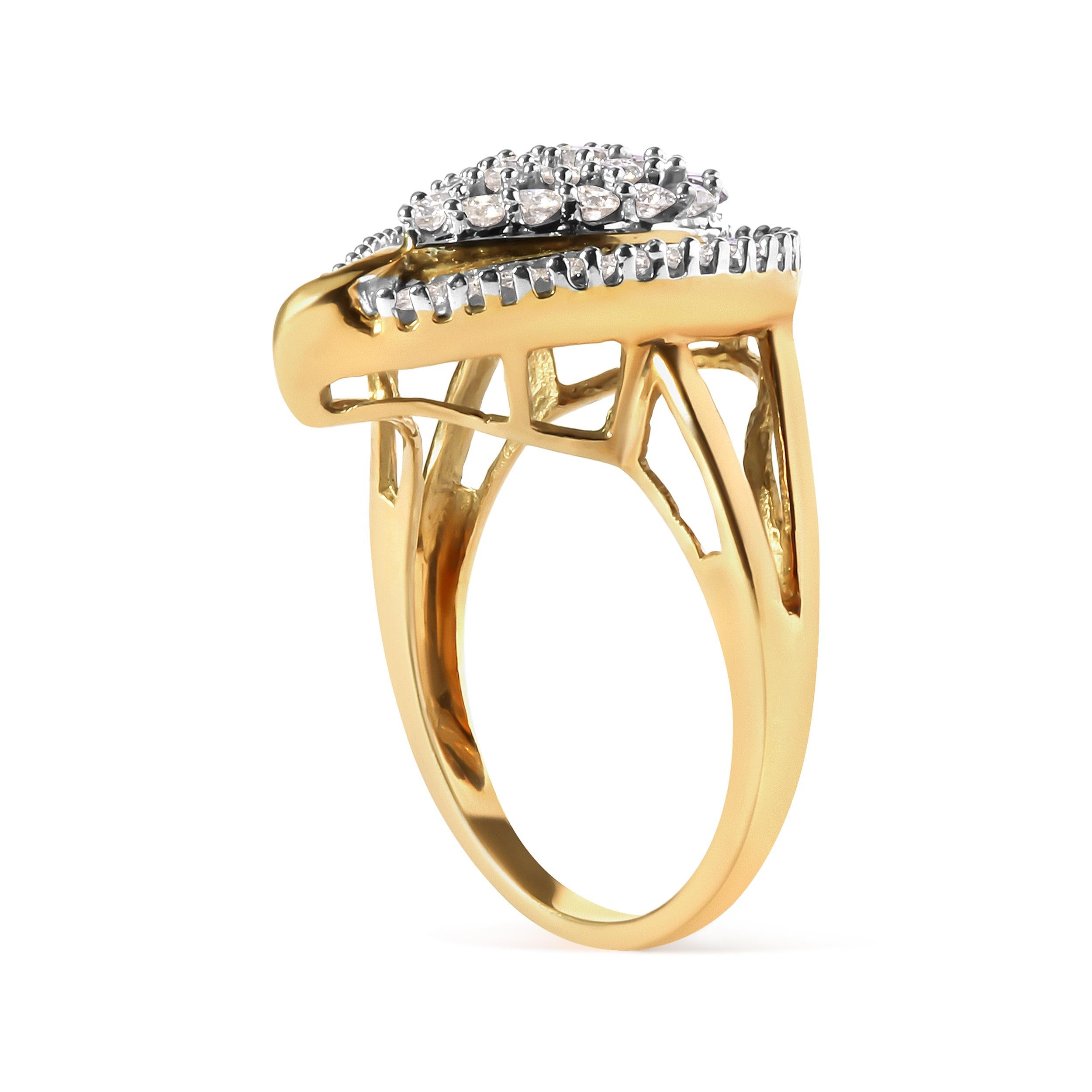 Modern 10K Yellow Gold 1.0 Carat Round and Baguette Cut Diamond Ballerina Cluster Ring For Sale