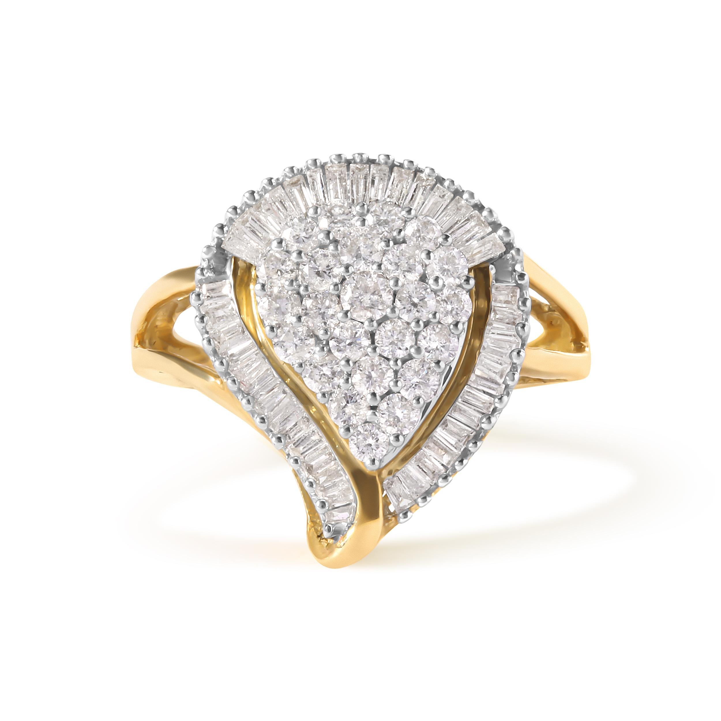 Round Cut 10K Yellow Gold 1.0 Carat Round and Baguette Cut Diamond Ballerina Cluster Ring For Sale