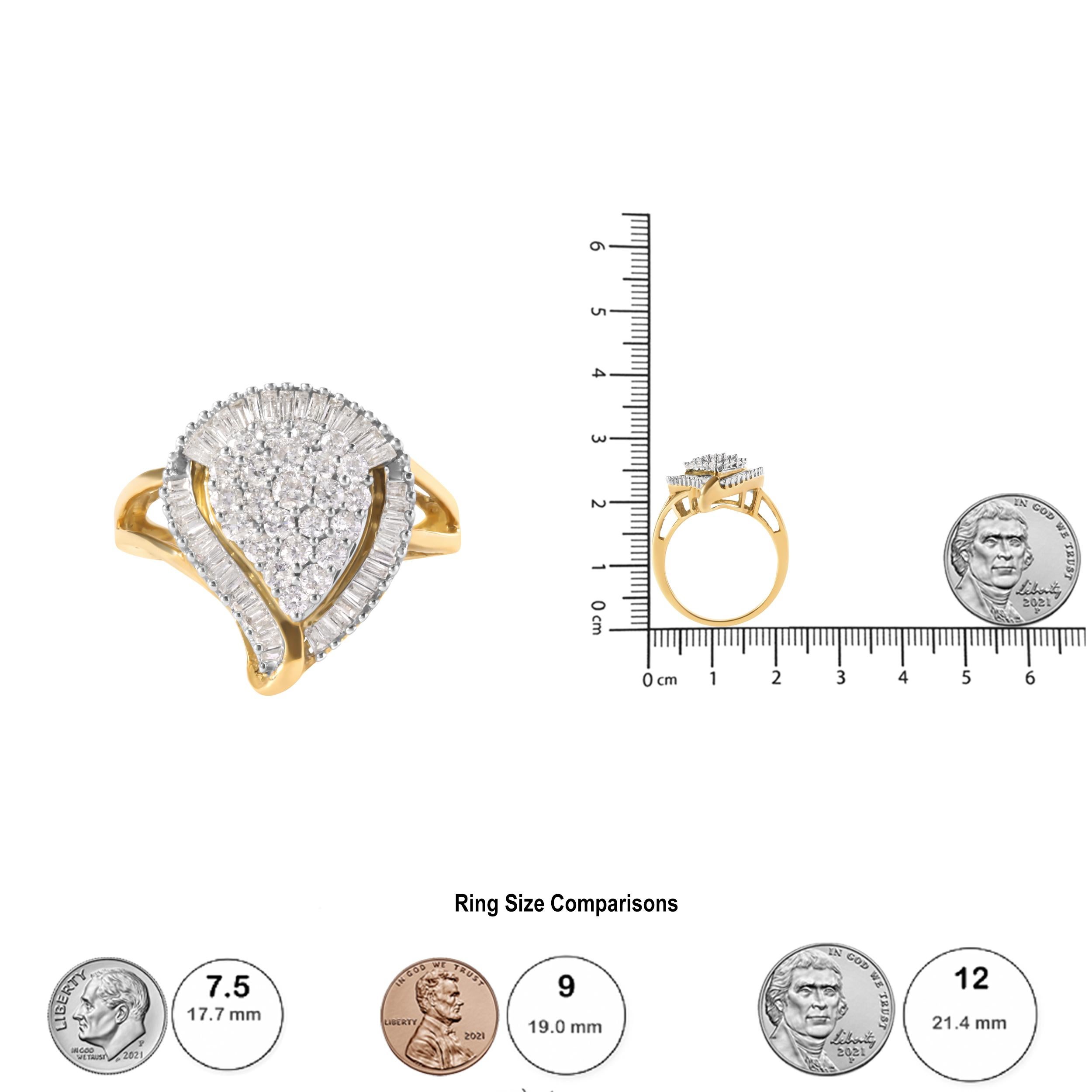 Women's 10K Yellow Gold 1.0 Carat Round and Baguette Cut Diamond Ballerina Cluster Ring For Sale