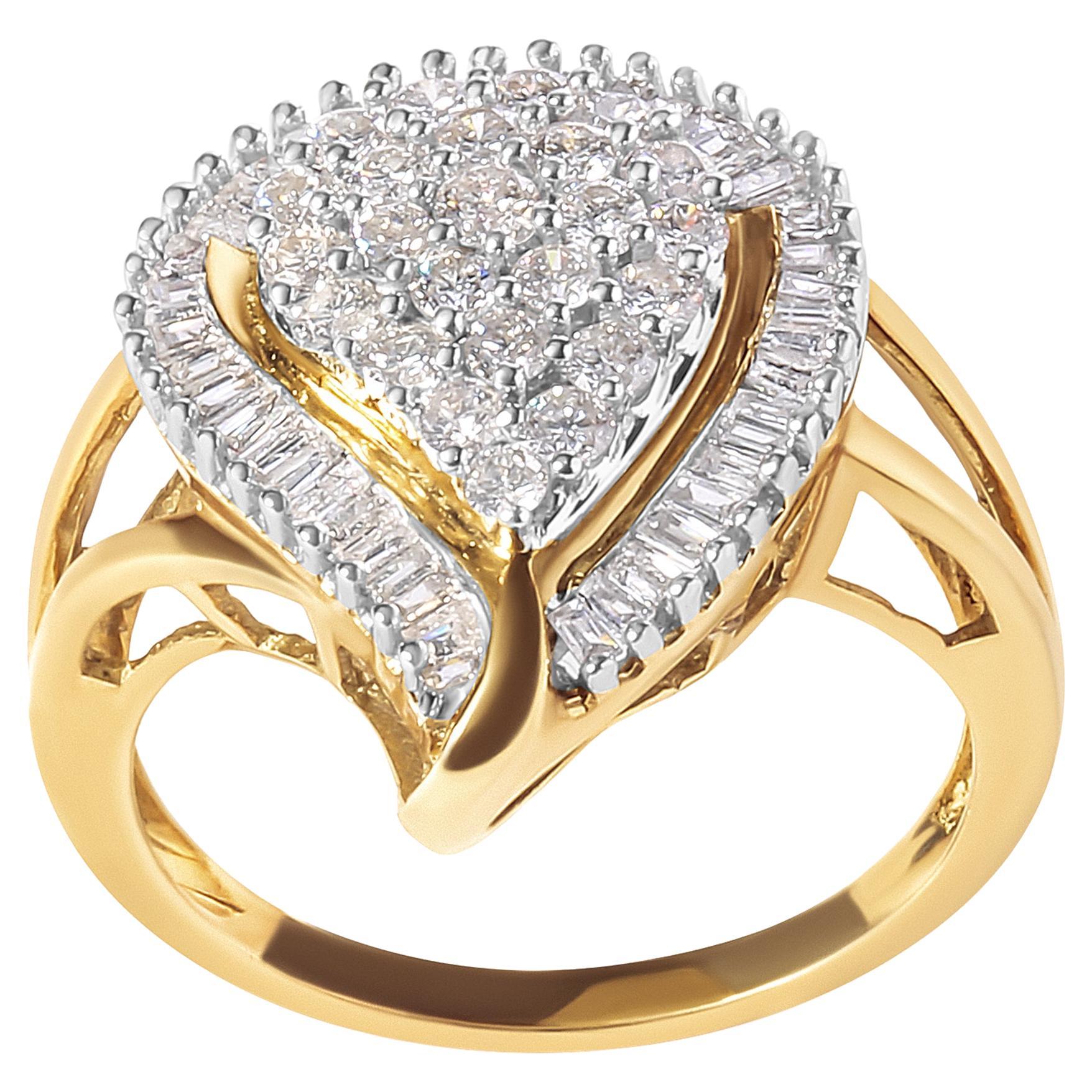 10K Yellow Gold 1.0 Carat Round and Baguette Cut Diamond Ballerina Cluster Ring