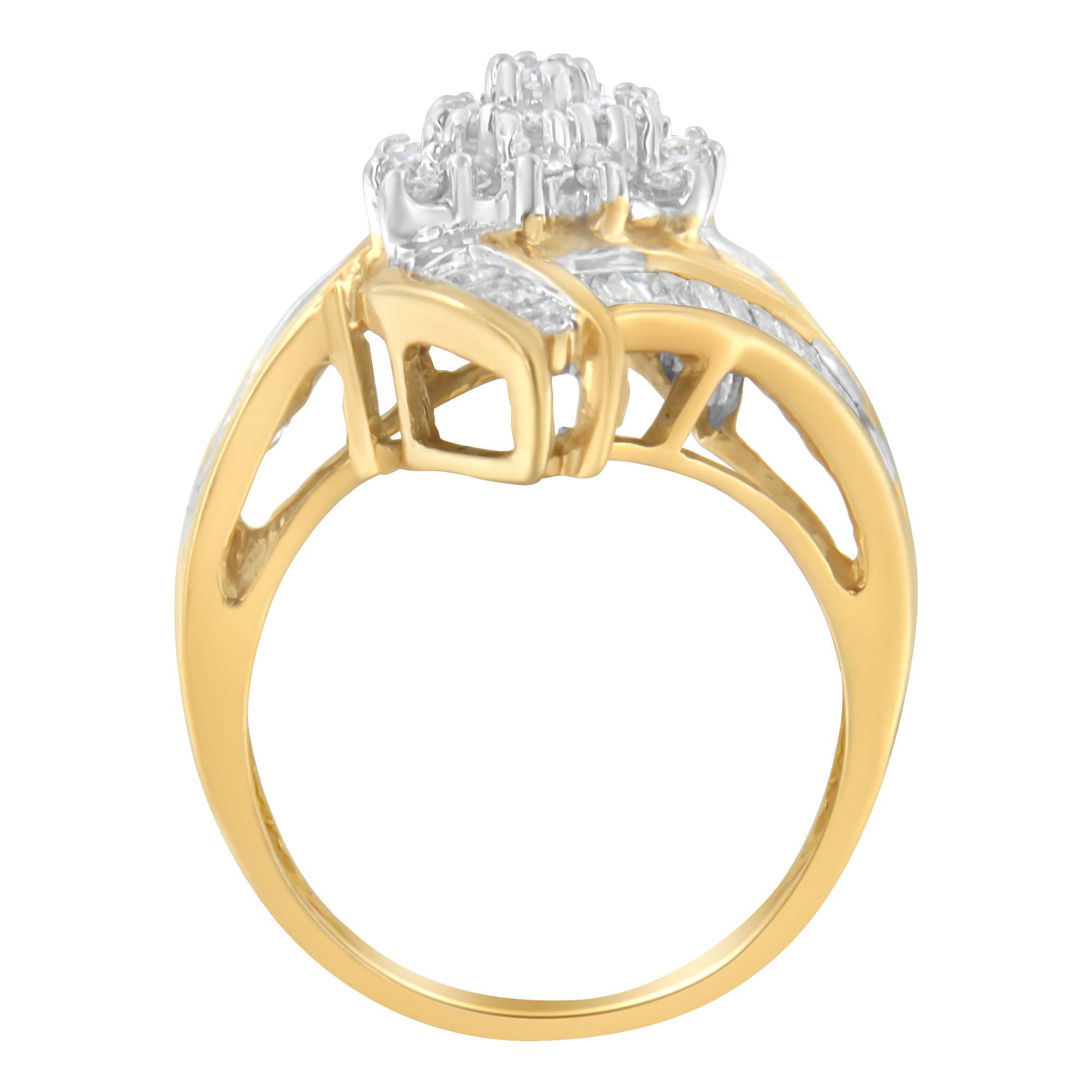 Enjoy this beautiful diamond 10 karat yellow gold ring. Featuring a central cluster of round brilliant cut diamonds that are surrounded by rows of baguettes to form a by-pass design, this elegant ring is a striking choice for your loved one. It has