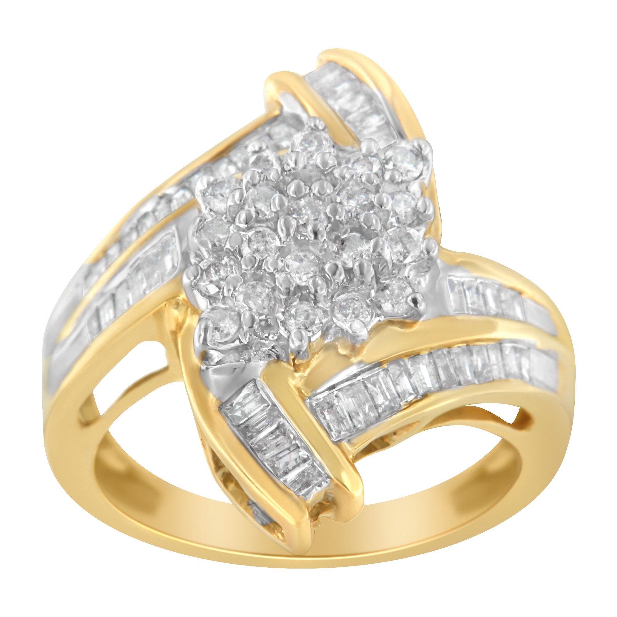 Contemporary 10K Yellow Gold 1.0 Carat Round and Baguette-Cut Diamond Bypass Cluster Ring For Sale