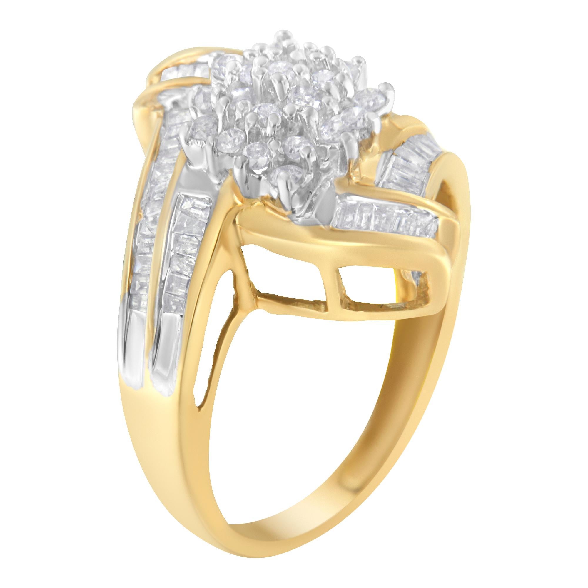 Round Cut 10K Yellow Gold 1.0 Carat Round and Baguette-Cut Diamond Bypass Cluster Ring For Sale