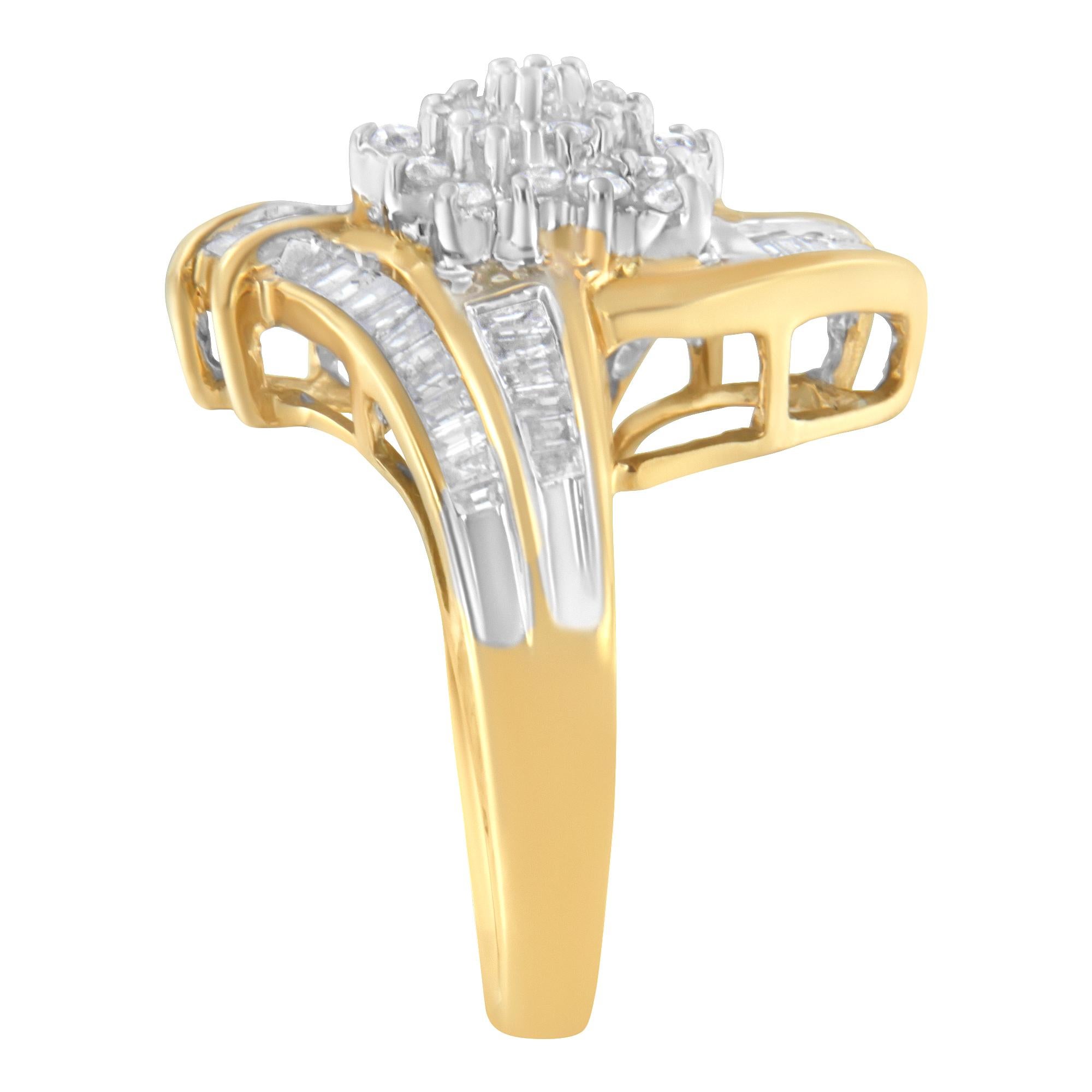 10K Yellow Gold 1.0 Carat Round and Baguette-Cut Diamond Bypass Cluster Ring In New Condition For Sale In New York, NY