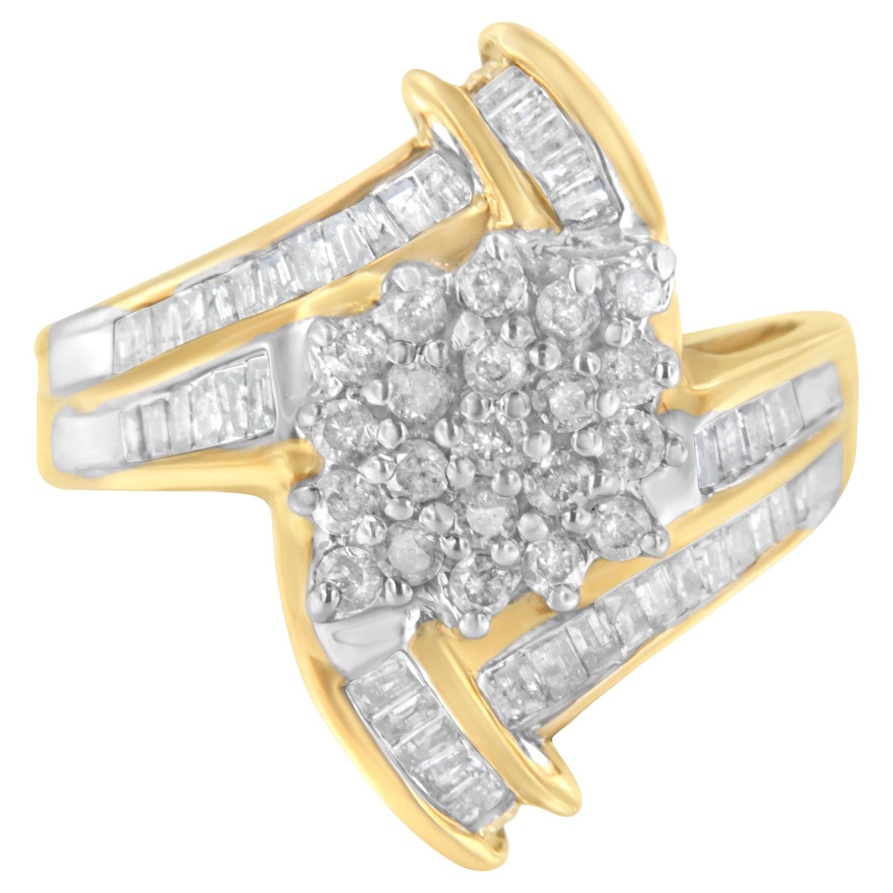 10K Yellow Gold 1.0 Carat Round and Baguette-Cut Diamond Bypass Cluster Ring For Sale